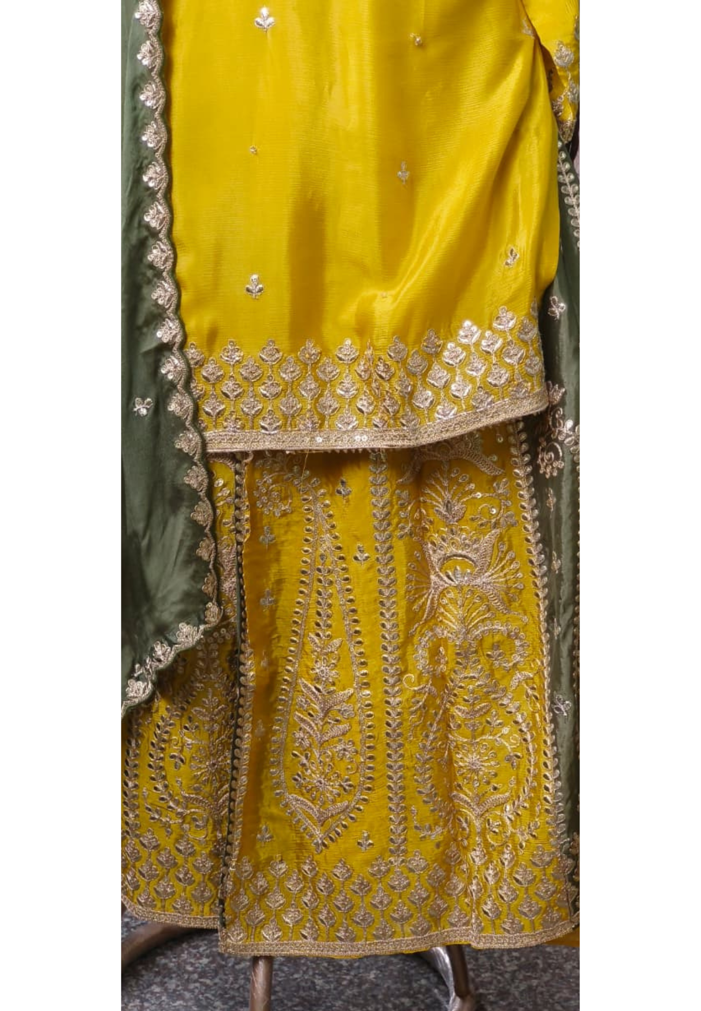 Dual Tone Sunheri Handwork Chinon Full Suit Set With Dupatta & Heavily Worked Panel Palazzo Bottom- 11008