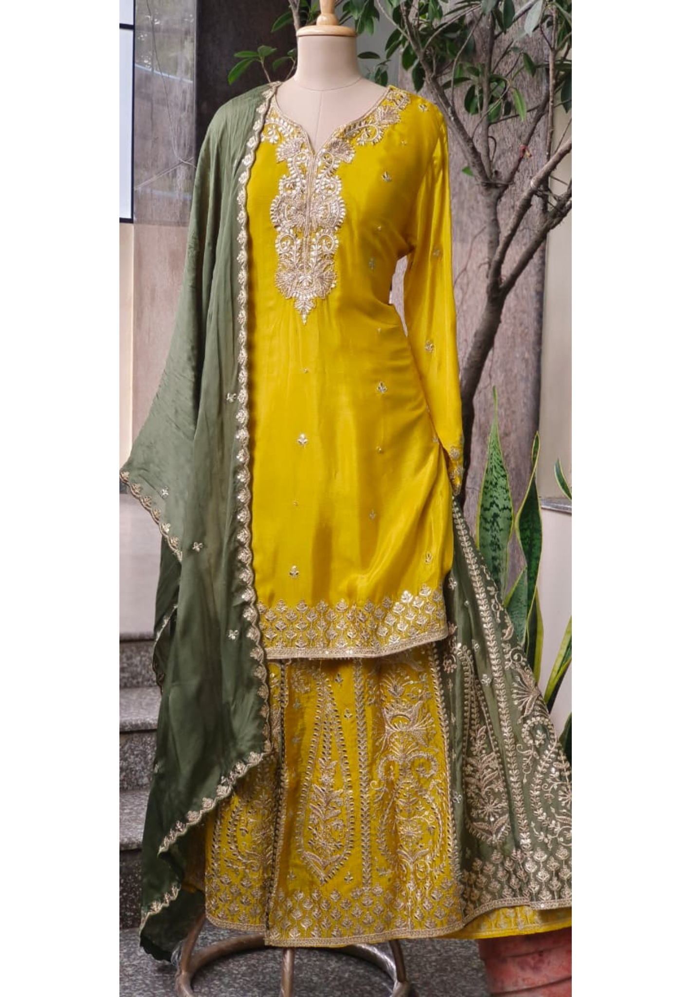 Dual Tone Sunheri Handwork Chinon Full Suit Set With Dupatta & Heavily Worked Panel Palazzo Bottom- 11008