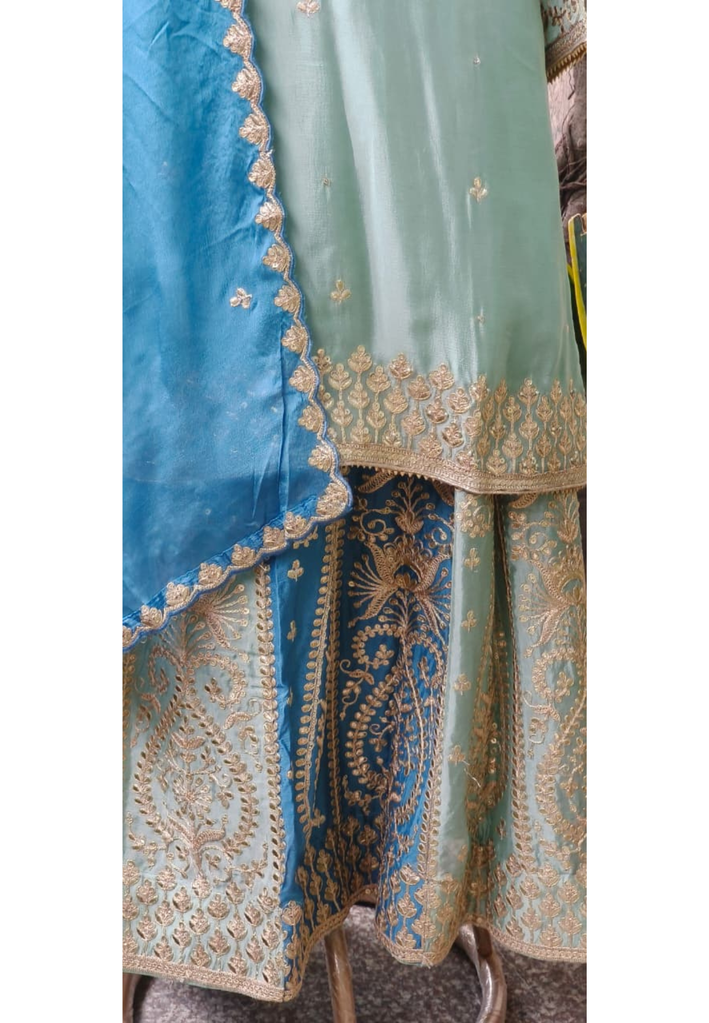 Sunheri Handwork Chinon Full Suit Set With Dupatta & Heavily Worked Panel Skirt Bottom In Dual Shade- 11009