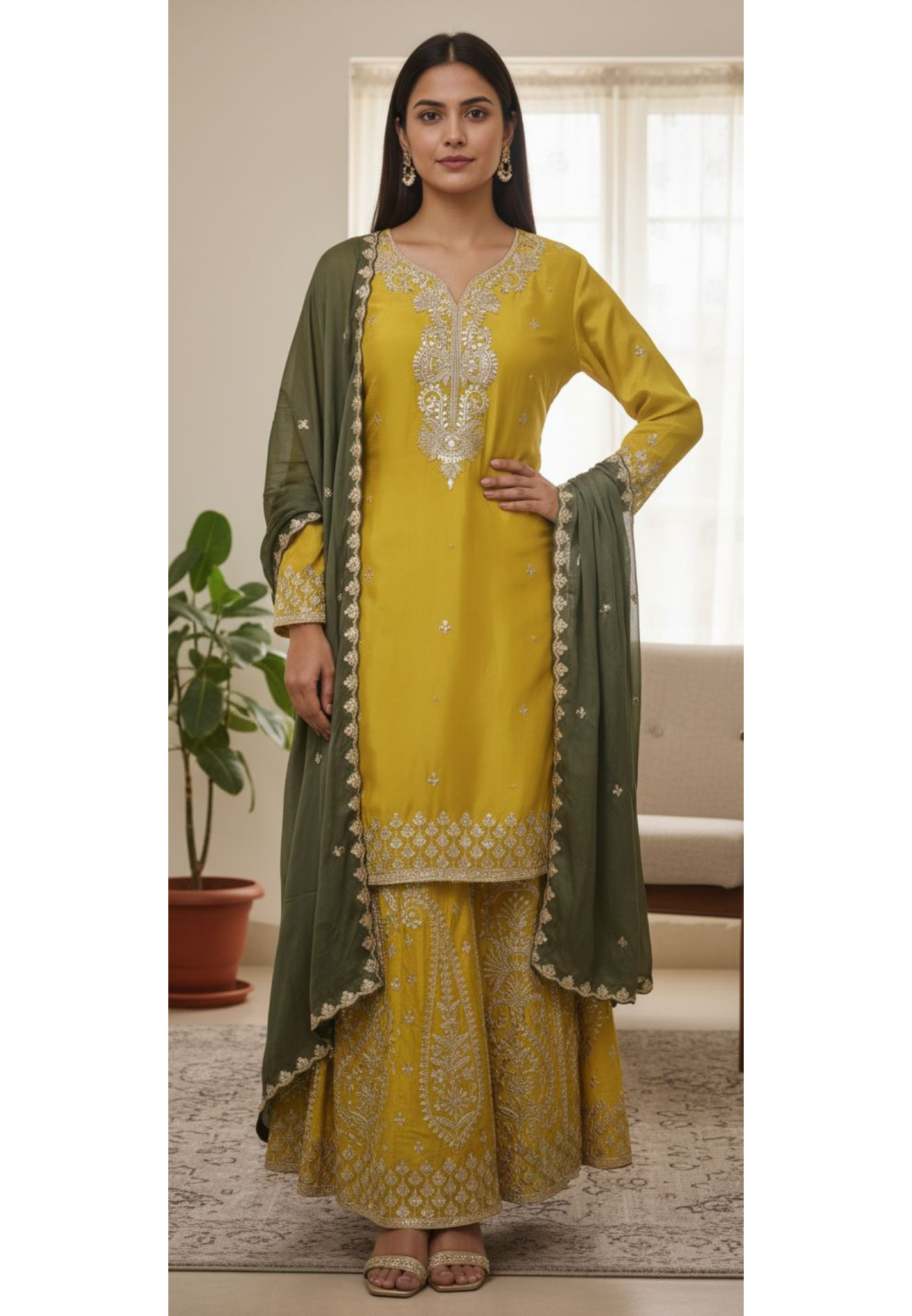 Dual Tone Sunheri Handwork Chinon Full Suit Set With Dupatta & Heavily Worked Panel Palazzo Bottom- 11008