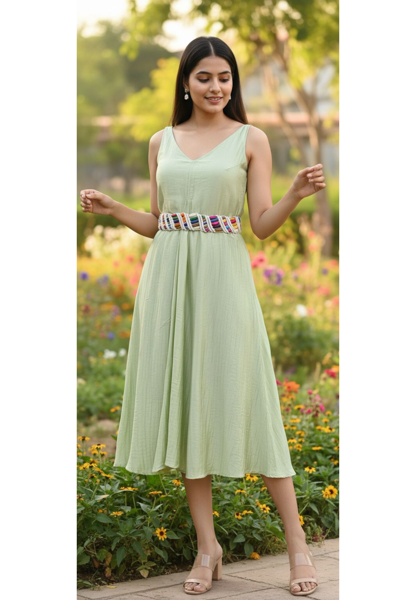 Sunny Glow Midi Dress With Colorful Thread Belt