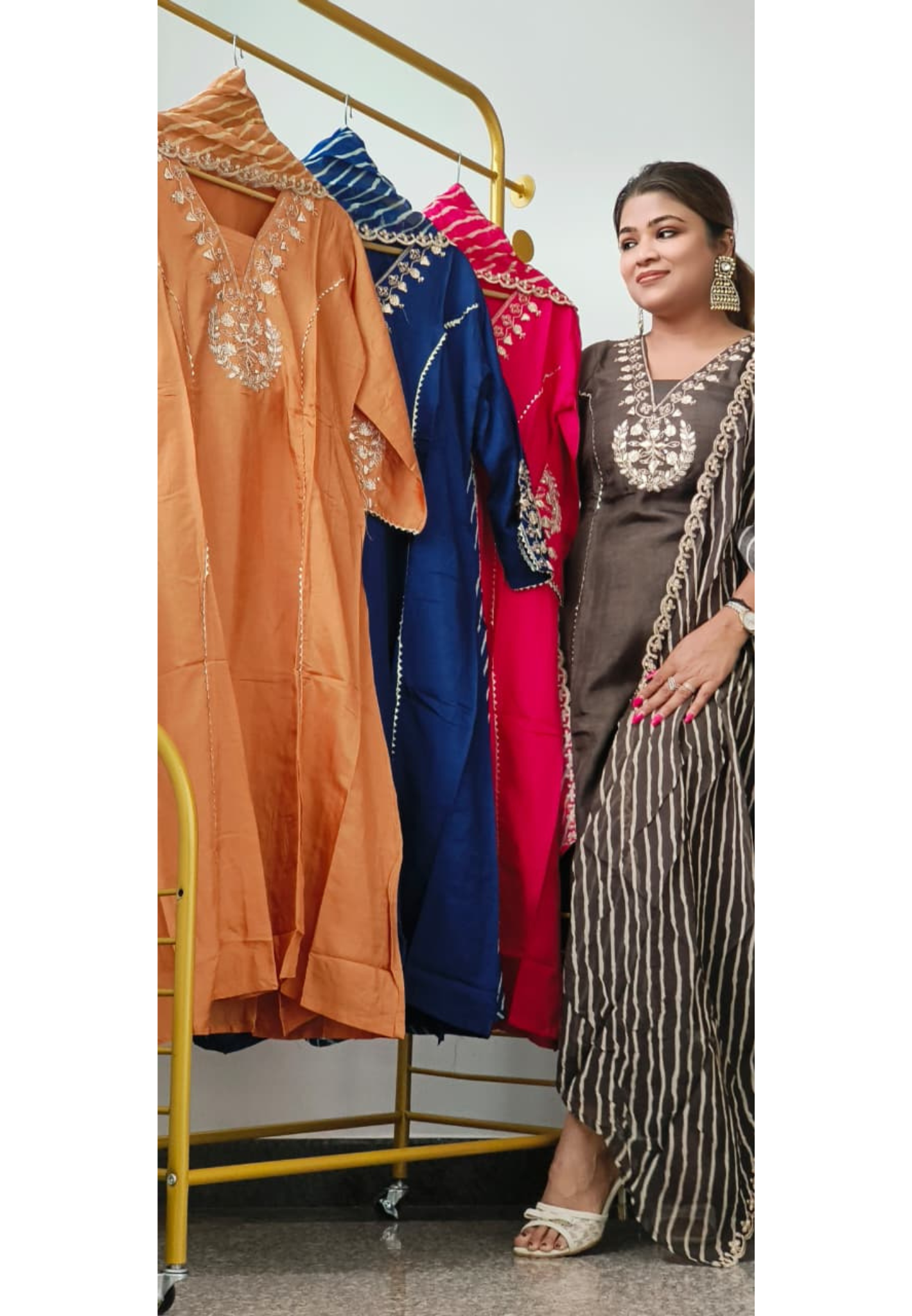 Embroidered Festive Elegance A-Line Full Suit Set With Striped Dupatta In Silk Fabric- 11044,45,46,47