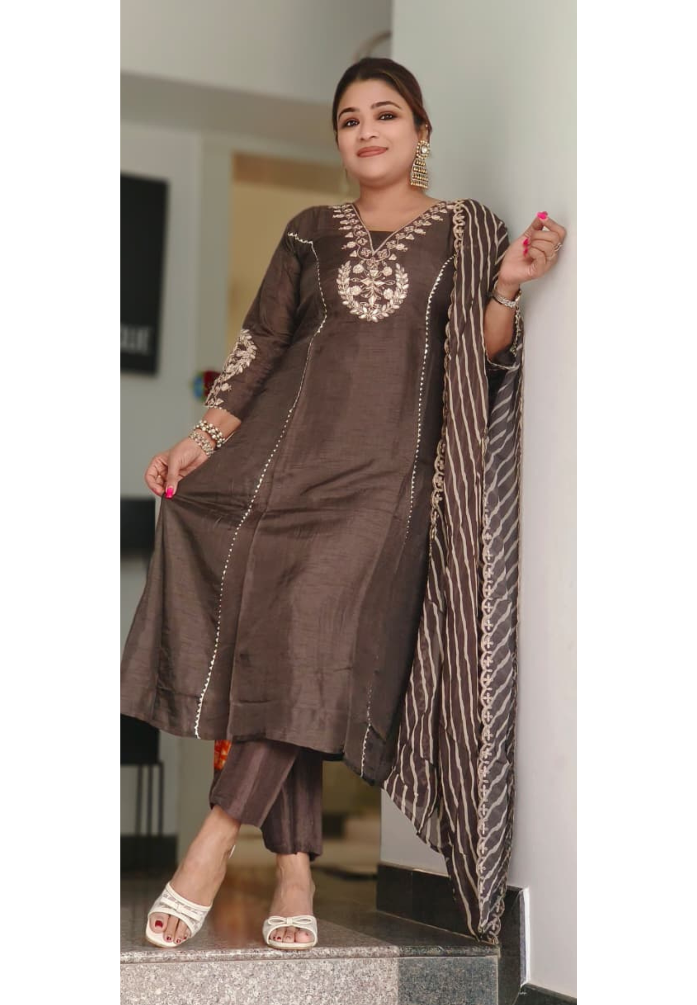 Embroidered Festive Elegance A-Line Full Suit Set With Striped Dupatta In Silk Fabric- 11044,45,46,47