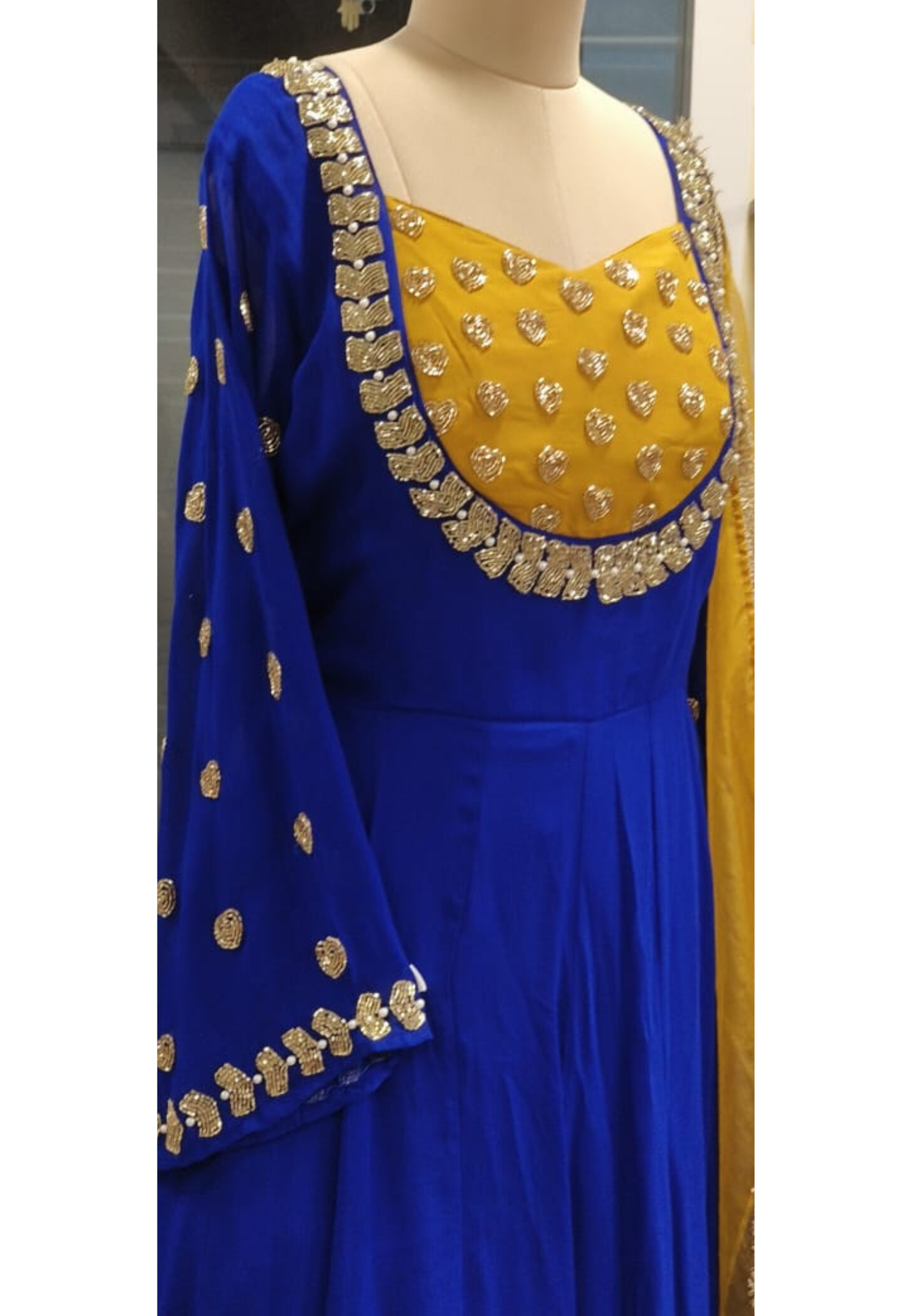 Royal Combination Blue Yellow Zardosi Handwork Anarkali Full Suit Set With Dupatta