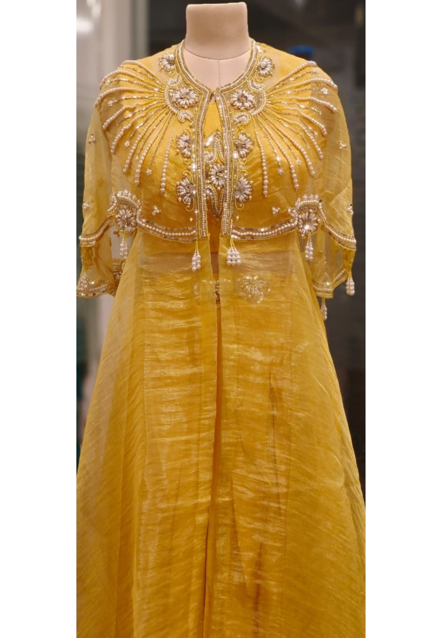 Shimmer Tissue Stylish Radiant Pearl Elegance Indo-Western Wear With Buster Drape Skirt & Cape In Tissue Fabric- 011103,011104,011105