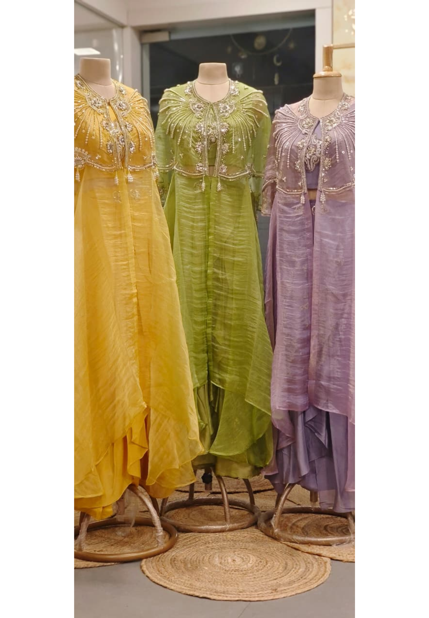 Shimmer Tissue Stylish Radiant Pearl Elegance Indo-Western Wear With Buster Drape Skirt & Cape In Tissue Fabric- 011103,011104,011105