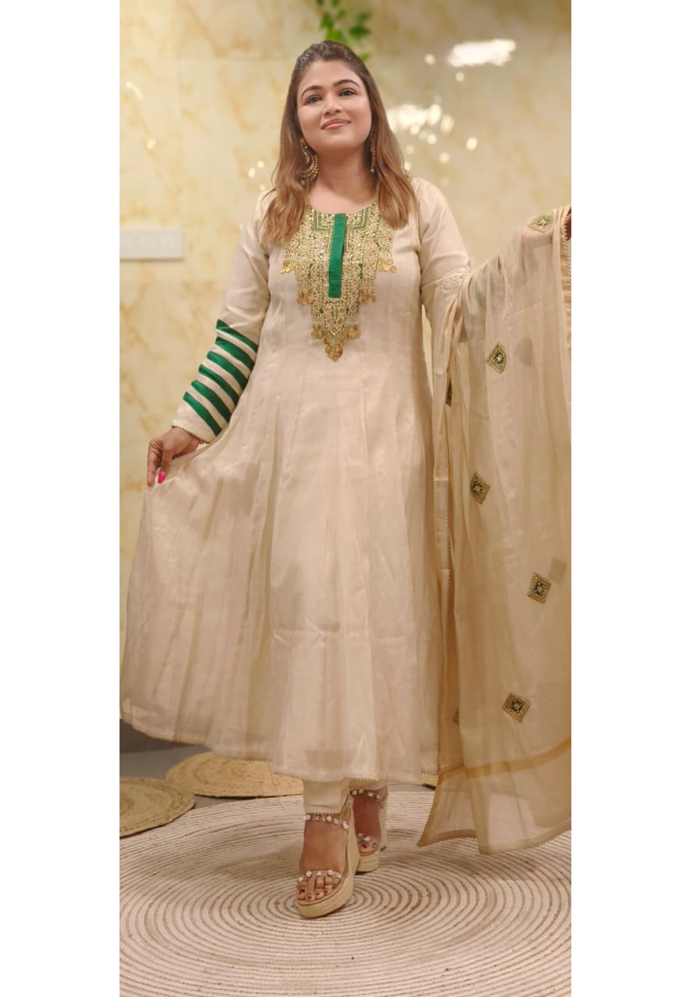 Zari Enchant Tissue Elegance Striped Sleeve Anarkali Full Suit Set With Dupatta- 11090, 11091