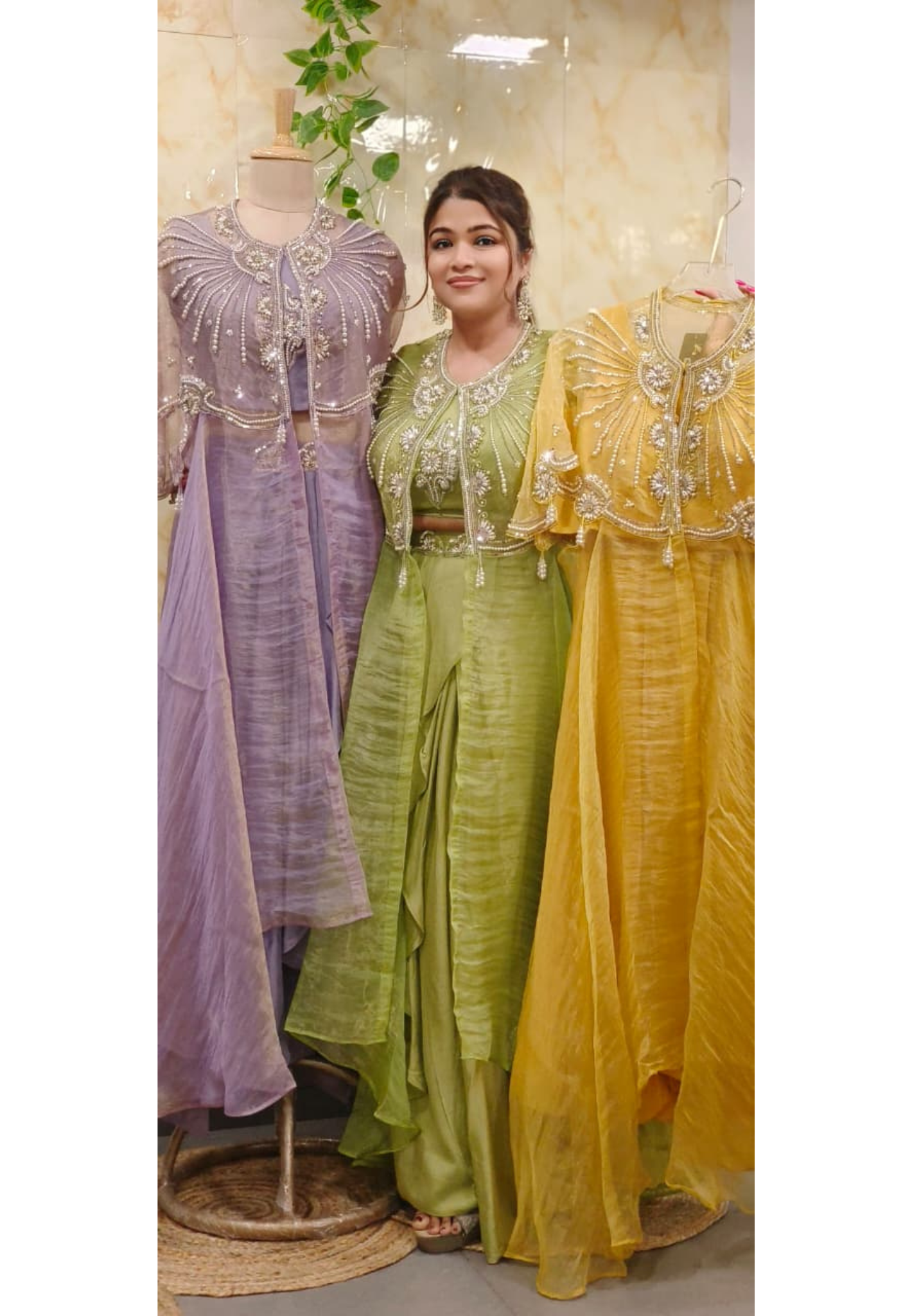 Shimmer Tissue Stylish Radiant Pearl Elegance Indo-Western Wear With Buster Drape Skirt & Cape In Tissue Fabric- 011103,011104,011105