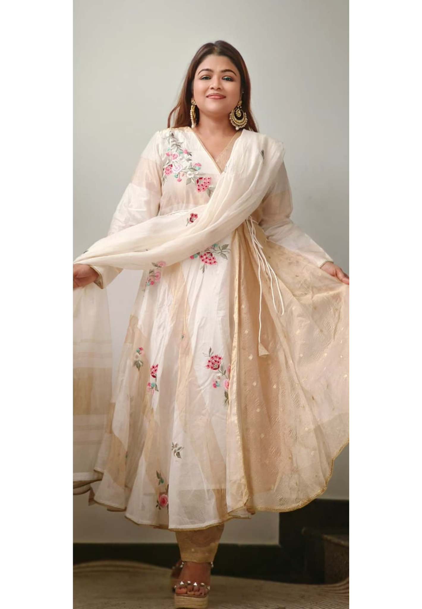 Floral Ressam Embroidered Ethereal Glow Angrakha Pattern Anarkali Full Suit Set With Dupatta In Pure Tissue Fabric- 11089