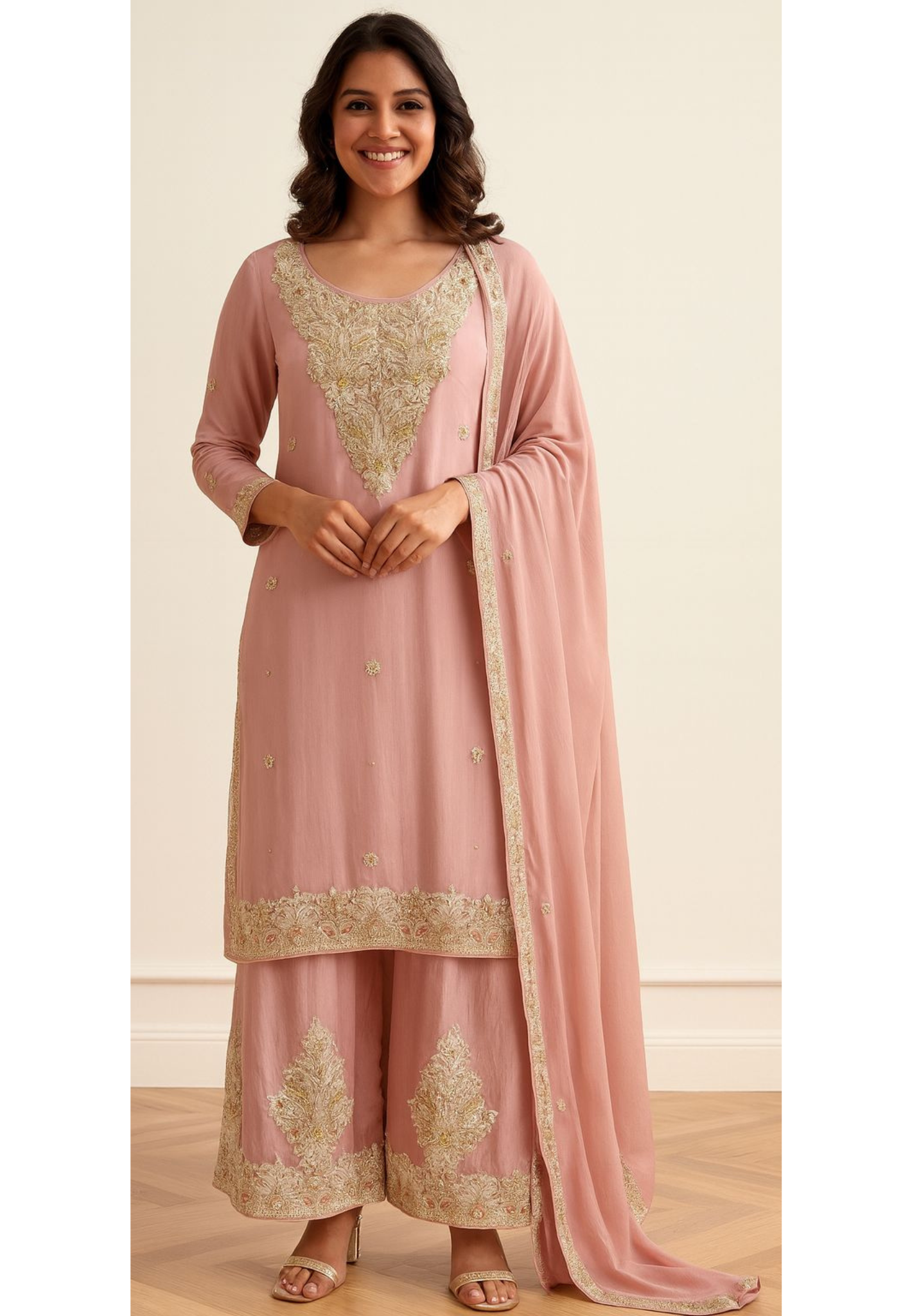 Pink Blush Very Elegant Handwork Full Suit Set With Dupatta & Embroidered Panel Palazzo Bottom In Chinon Fabric