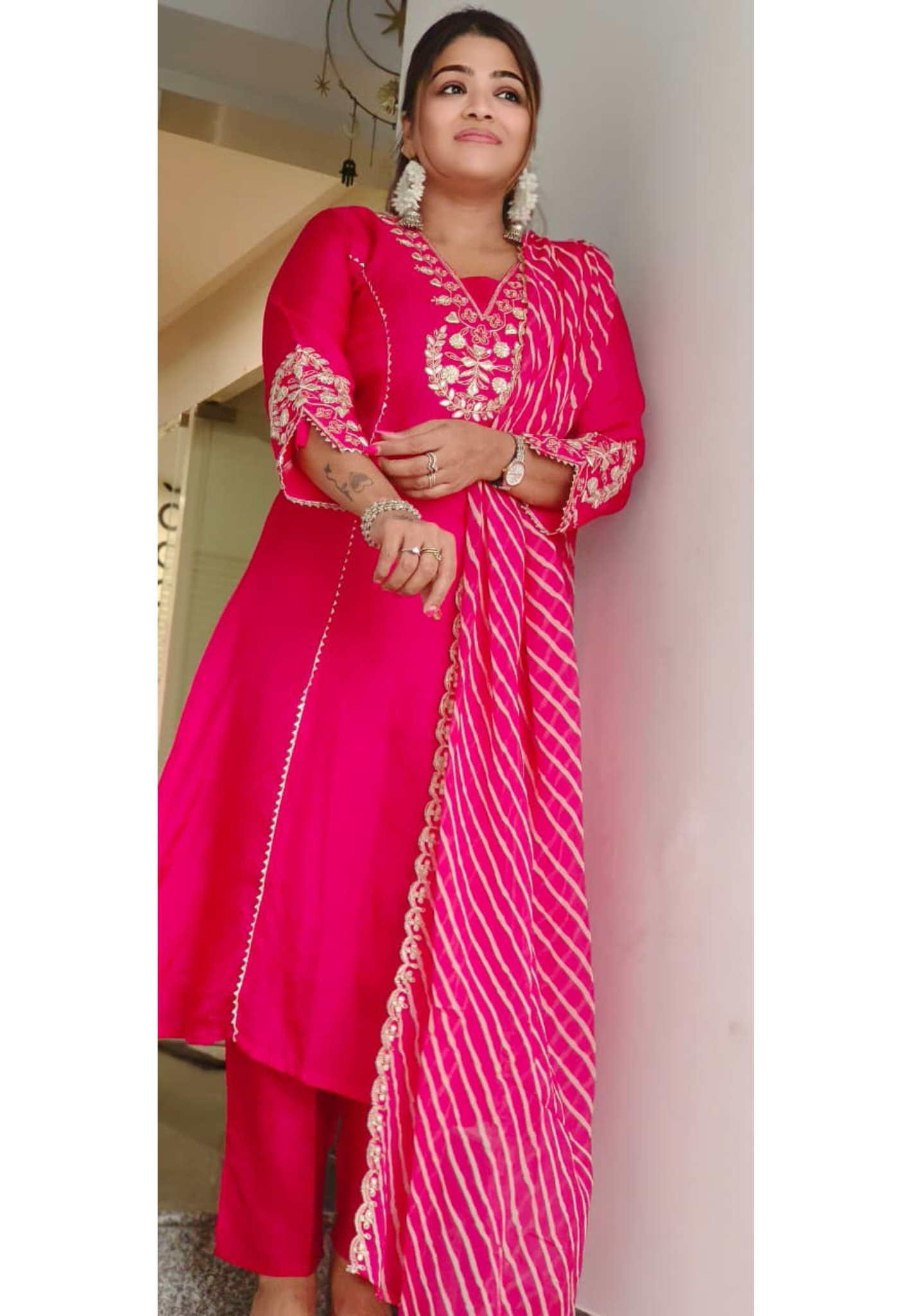 Embroidered Festive Elegance A-Line Full Suit Set With Striped Dupatta In Silk Fabric- 11044,45,46,47