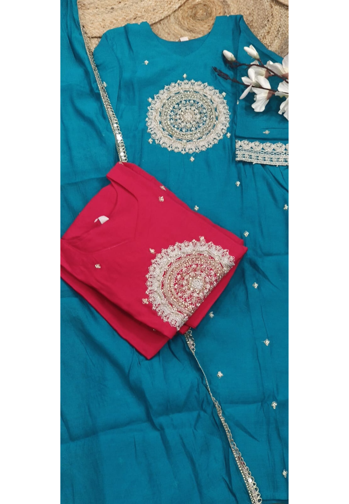 Vibrant Beautiful Round Front Design Surat Mul Chanderi Full Suit Set With Dupatta