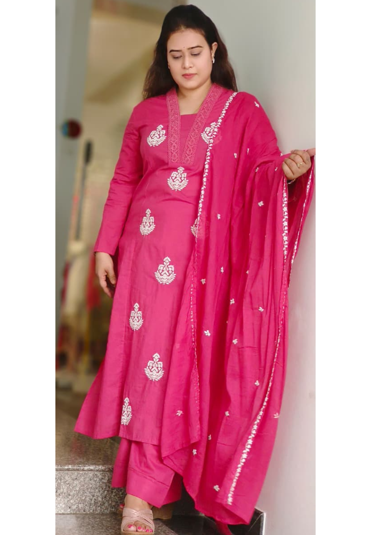 Pure Cotton Embroidered V Neck Crocia lace Solid Shade Full Suit Set