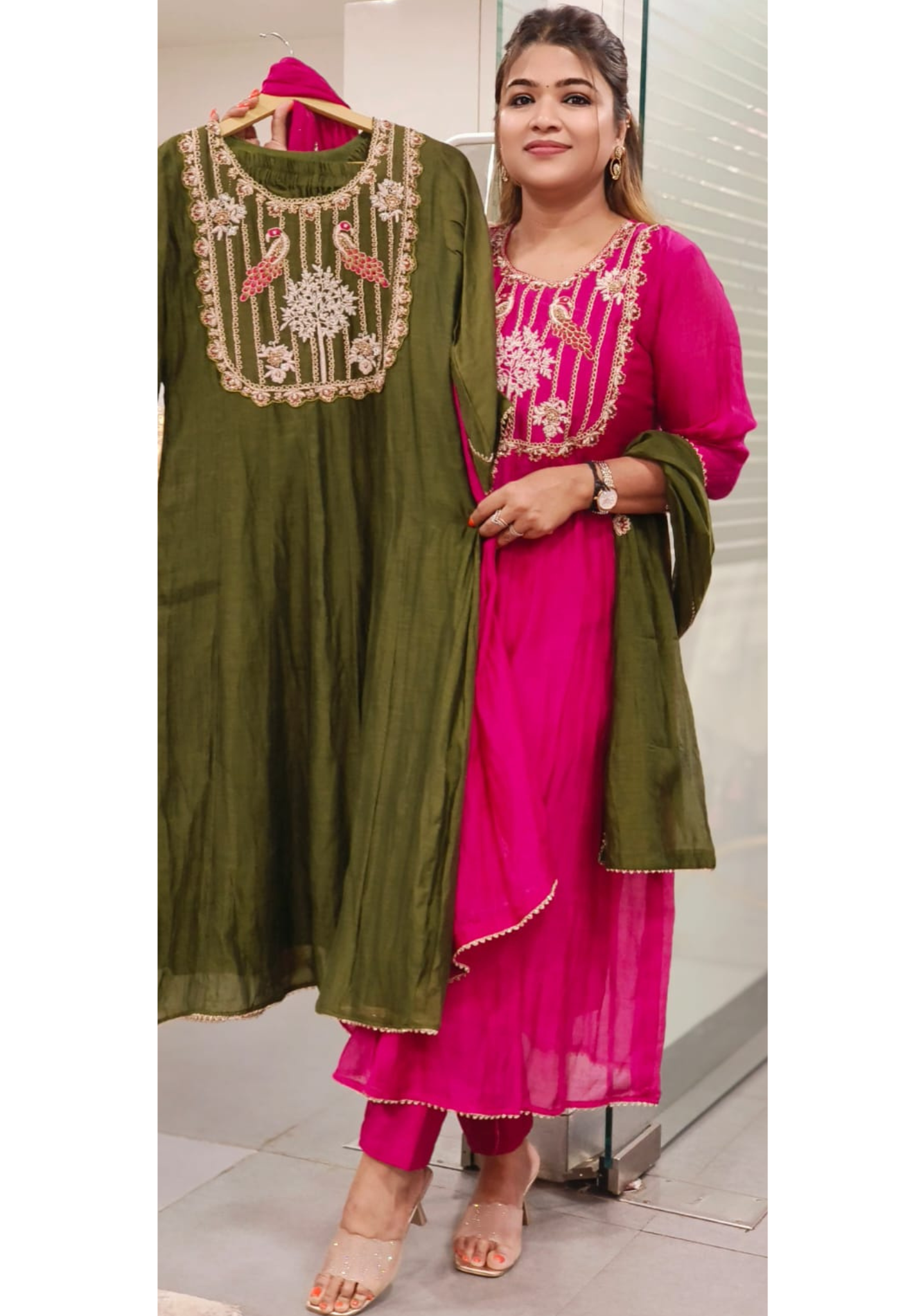 Birds Royal Zardosi U-Yoke Panel A-Line Full Suit Set With Dupatta In Mul Chanderi Fabric- 11132,11131