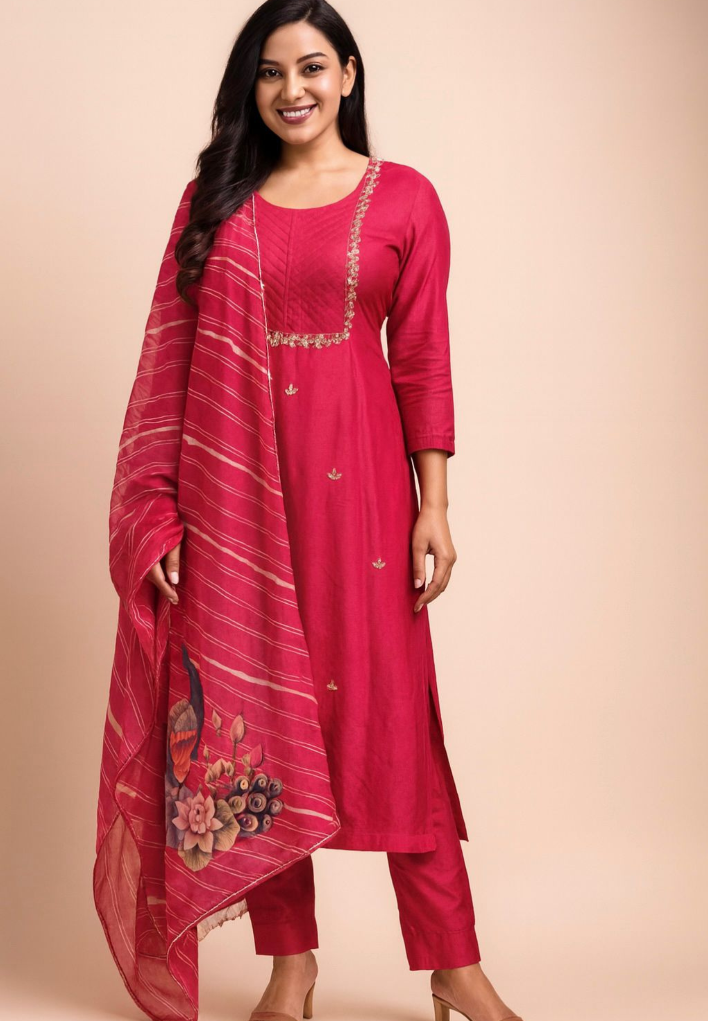 Sequence Plated Bordered Yoke A-Line Full Suit Set With Peacock Prints In Dupatta & Back In Dola Silk Fabric- 11028