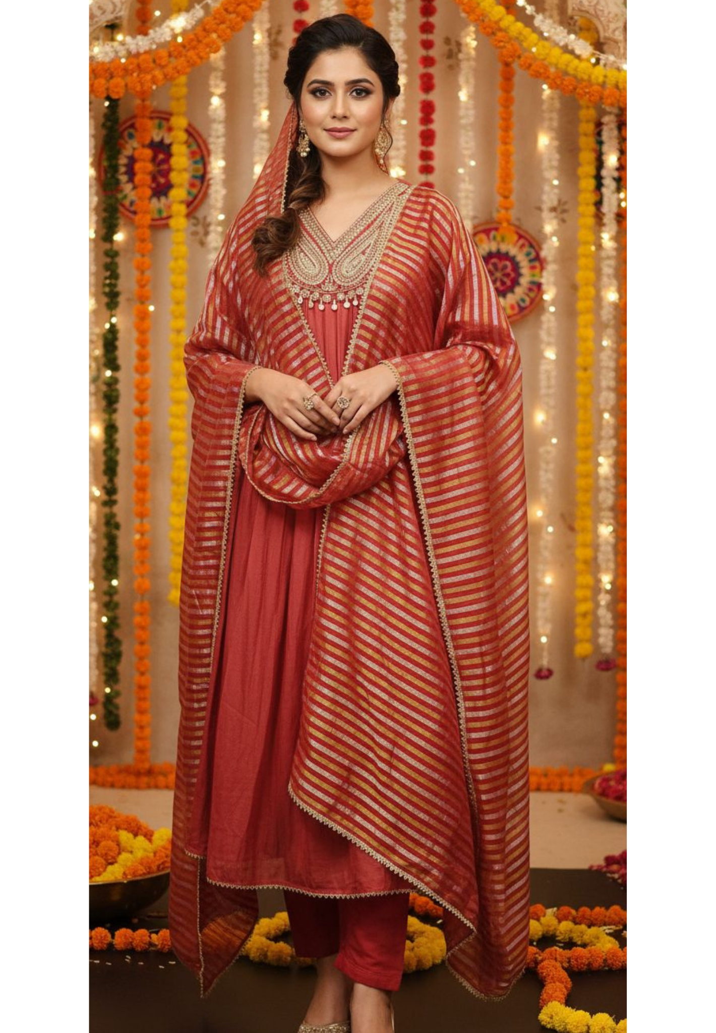Handwork A-Line Mul Chanderi Full Suit Set With Dupatta- 10511