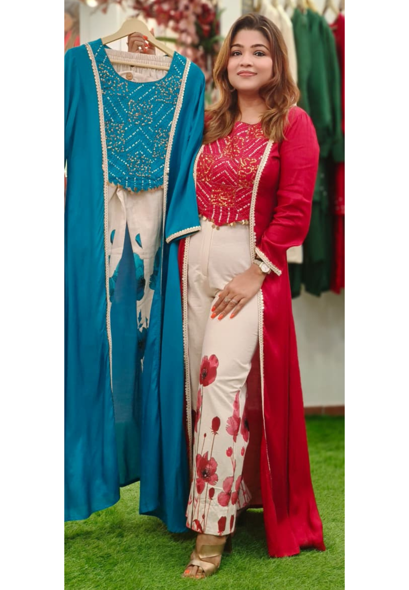 Foil Work With Tassel Buster With Shrug Look Long Kurta With Floral Printed Bottom In Slub Cotton Fabric-11034,11035