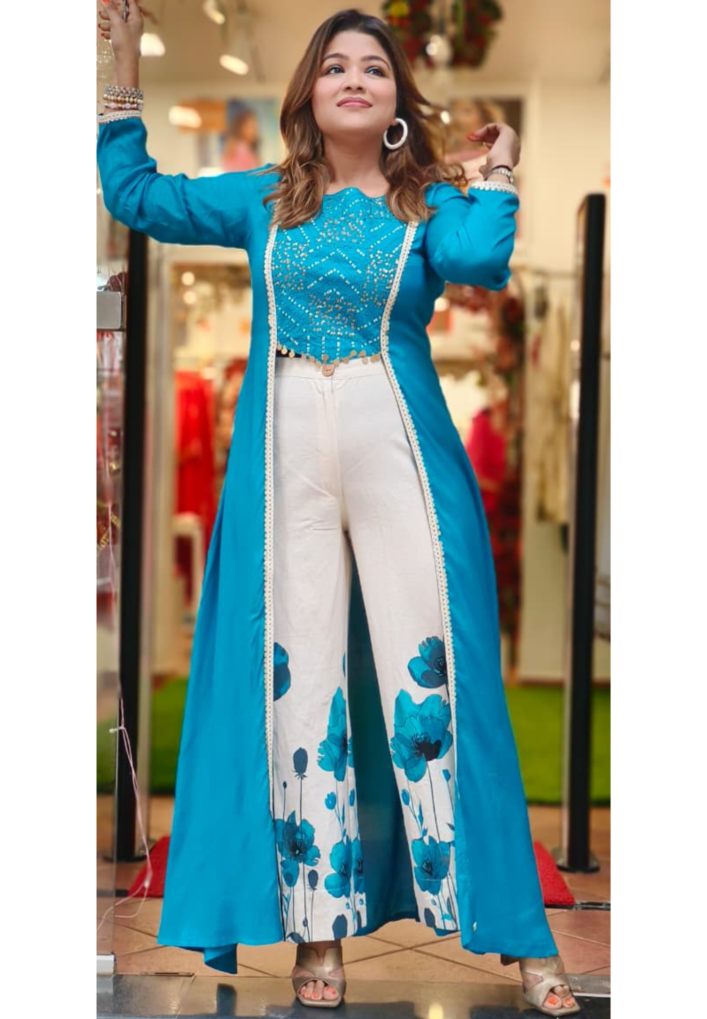 Foil Work With Tassel Buster With Shrug Look Long Kurta With Floral Printed Bottom In Slub Cotton Fabric-11034,11035