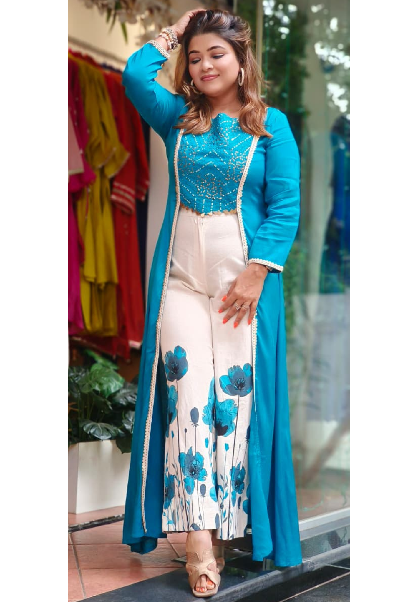 Foil Work With Tassel Buster With Shrug Look Long Kurta With Floral Printed Bottom In Slub Cotton Fabric-11034,11035