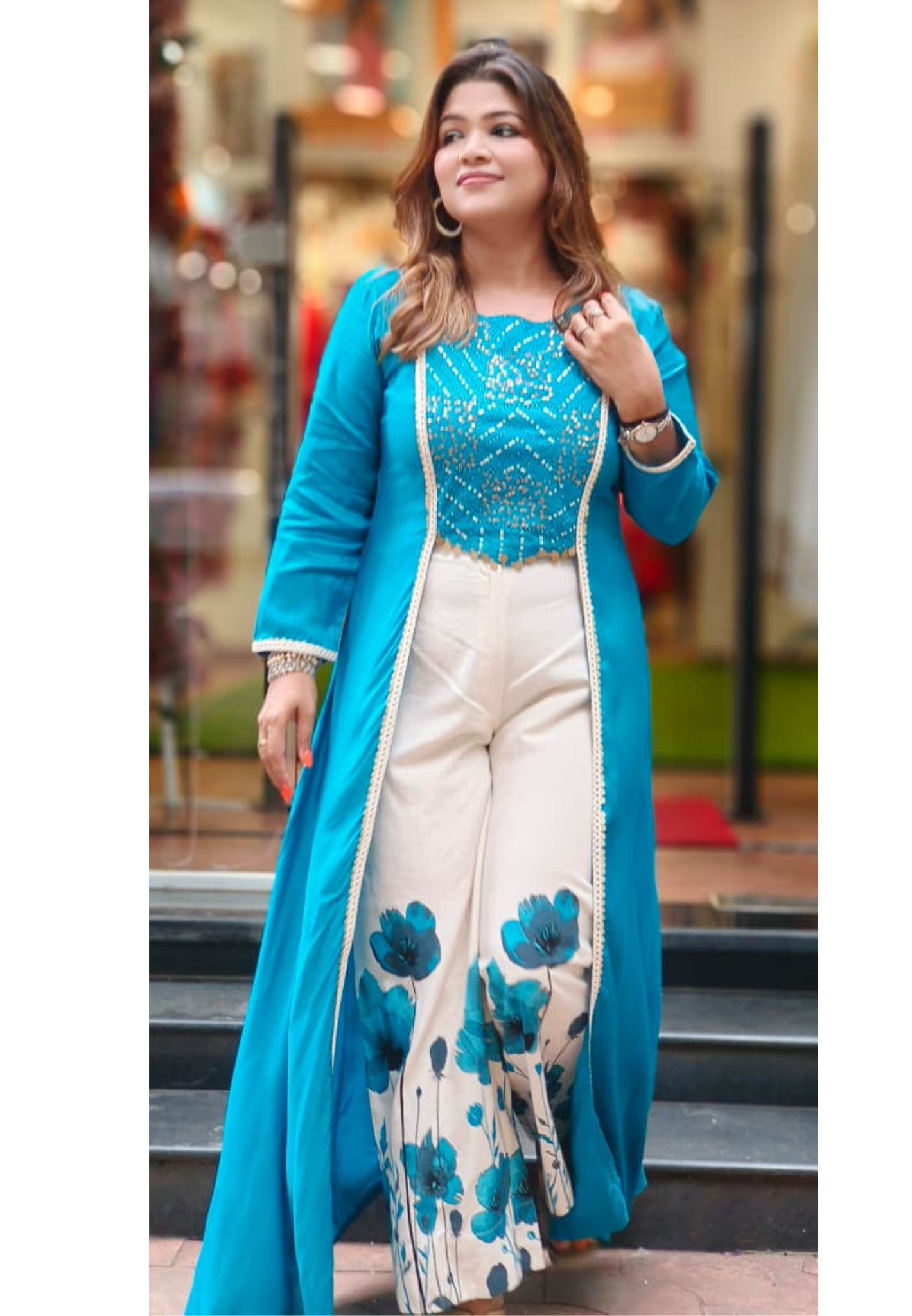 Foil Work With Tassel Buster With Shrug Look Long Kurta With Floral Printed Bottom In Slub Cotton Fabric-11034,11035