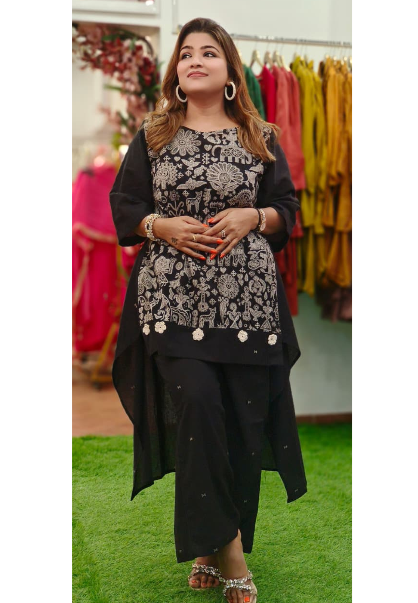 Flower & Figures Print Indo Western Wear Hi low Kurta & Loose Bottom (Loose Fit)-11042,11041