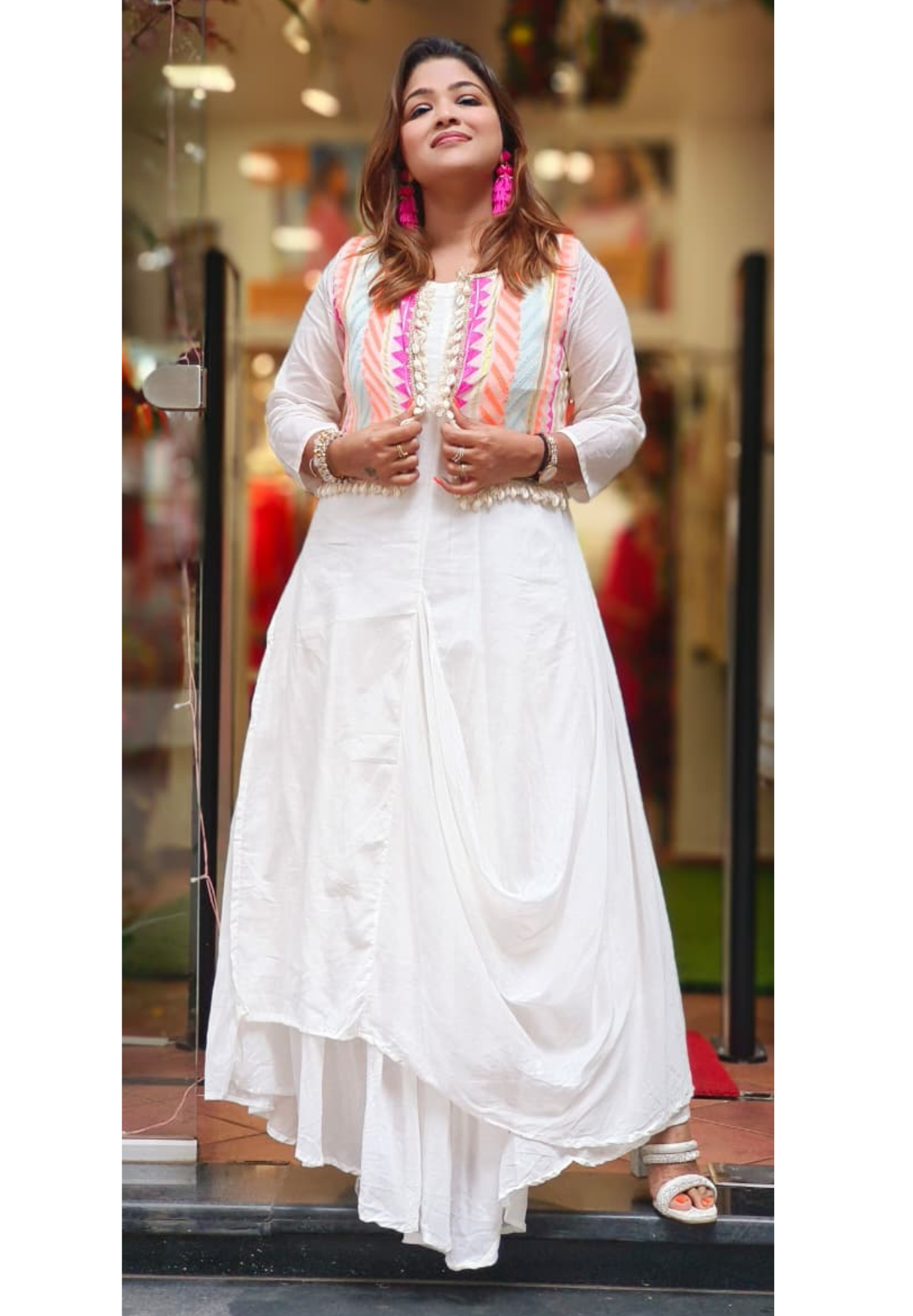 Neon Embroidered Shell Tassel Jacket With Kurta Pant Look Attached Gown In Mul Cotton Fabric- 10908