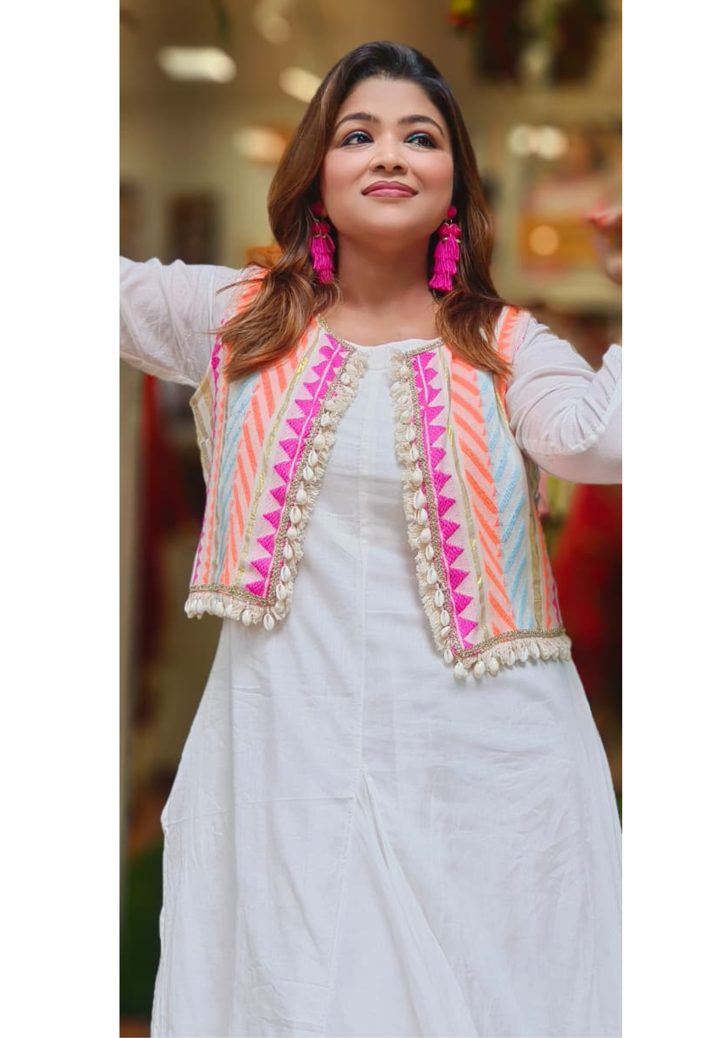 Neon Embroidered Shell Tassel Jacket With Kurta Pant Look Attached Gown In Mul Cotton Fabric- 10908