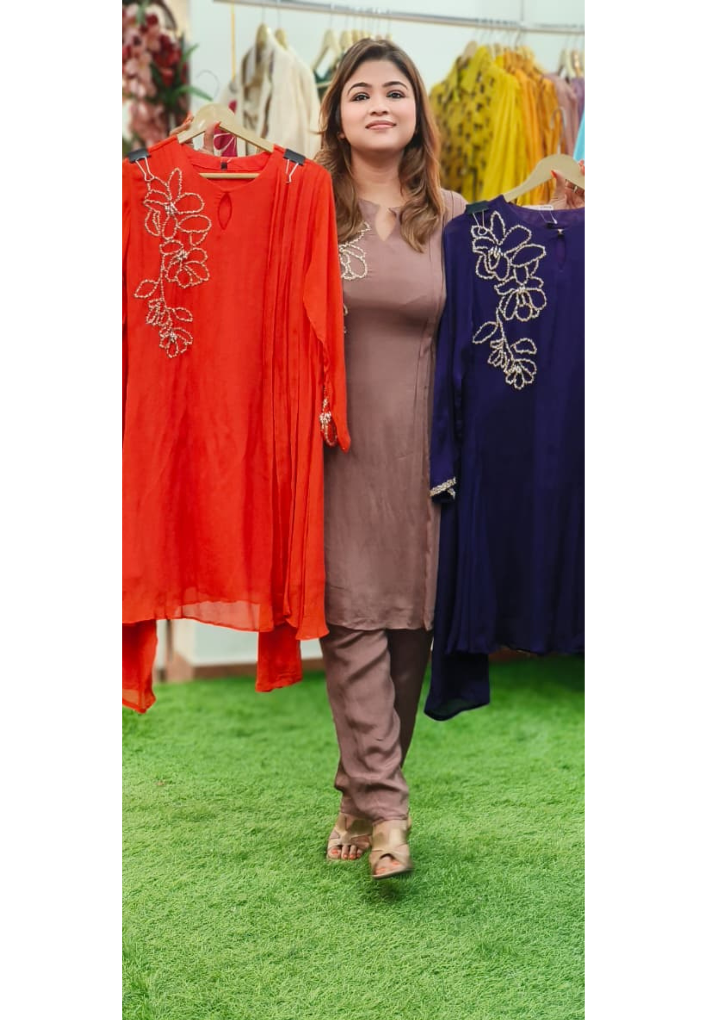 Very Elegant Minimal Work Solid A-Line Kurta Pant Set In Chinon Fabric- 11227