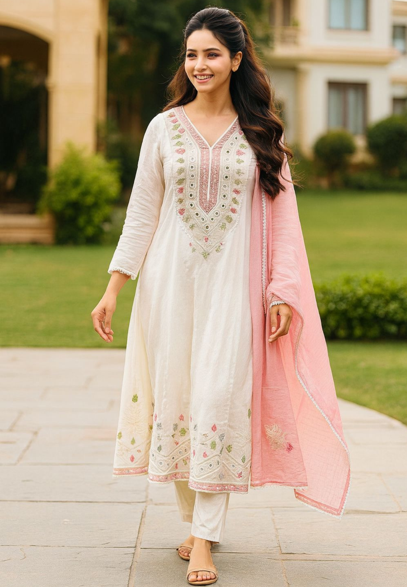 Real Mirror Elegant Soft Look Anarkali Full Suit Set With Dupatta In Mul Chanderi Fabric- 10786