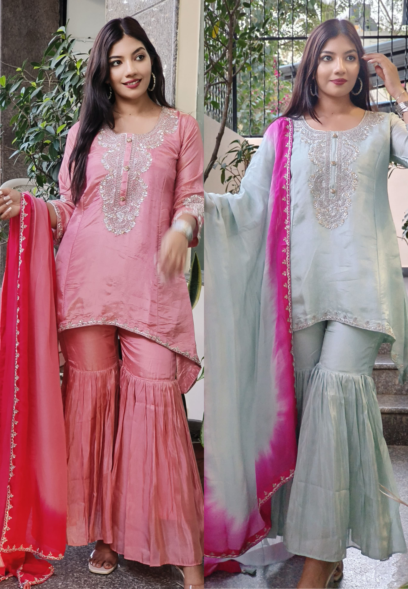 Designer Party Wear Shimmer Tissue High-Low Embroidered Kurta with Stylish Flared Bottom