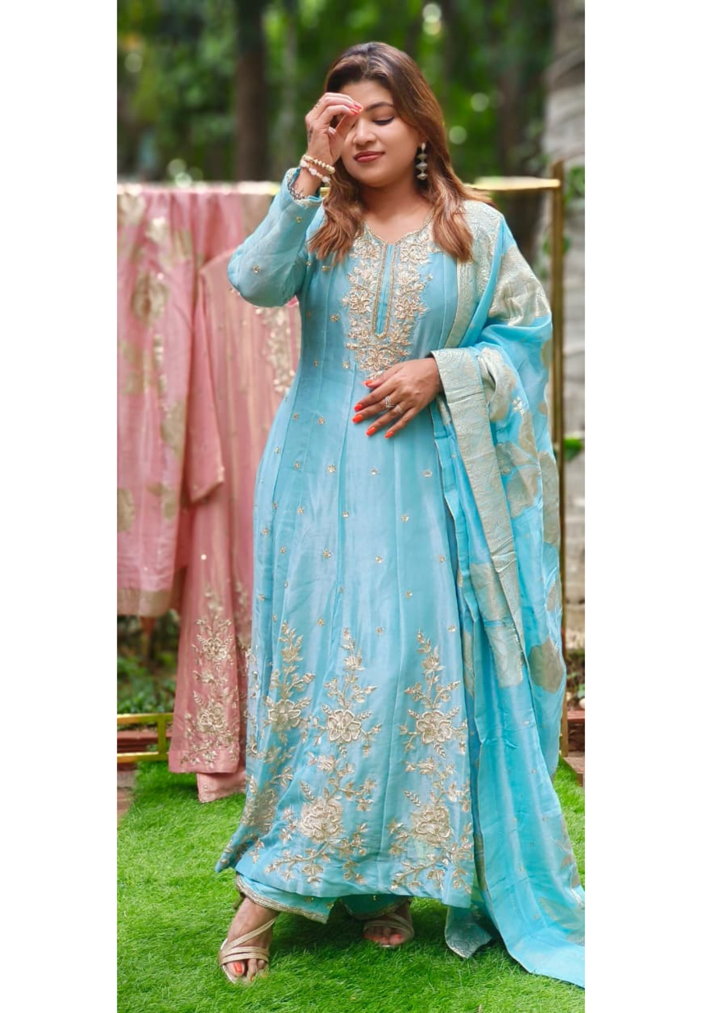 Tiny Spiral Beads Beautiful Handwork Premium Panel Anarkali Full Suit Set With Dupatta In Pure Tissue Fabric- 11380,