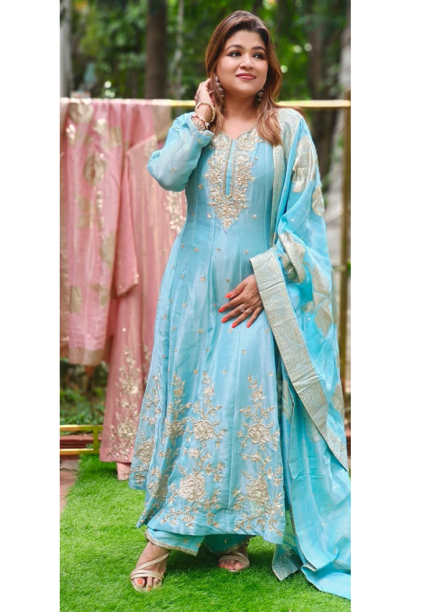 Tiny Spiral Beads Beautiful Handwork Premium Panel Anarkali Full Suit Set With Dupatta In Pure Tissue Fabric- 11380,