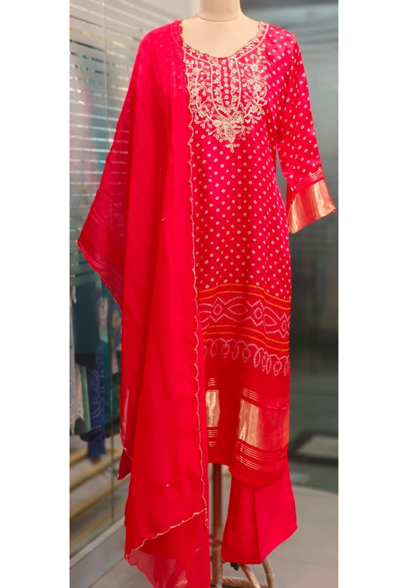 Gotta Front Neck Work Tiny Pearl Bandhani Dotted Full Suit Set With Dupatta- 11236