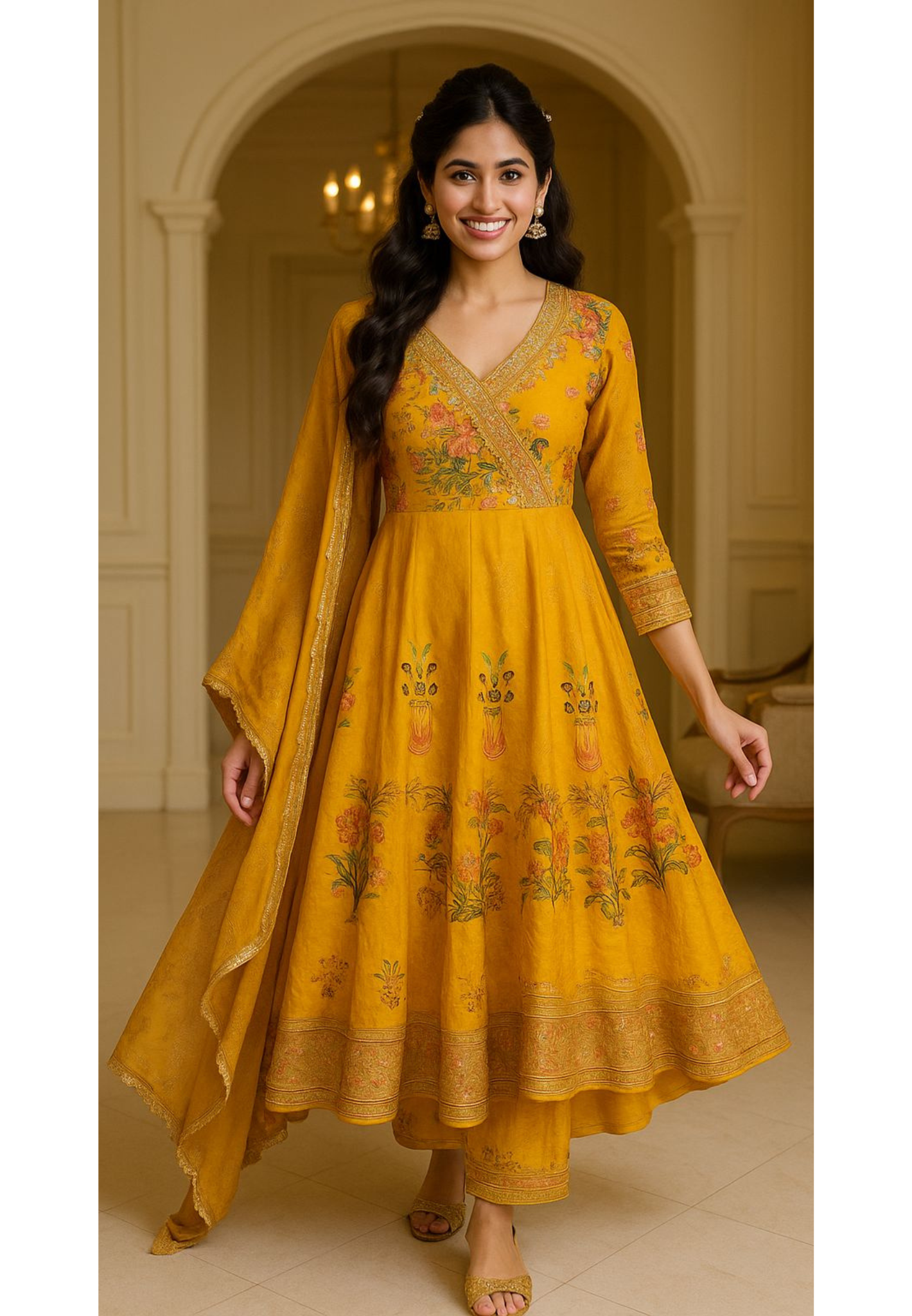 Bordered Angrakha Floral Printed Silk Anarkali Suit With Dupatta (No Bottom)