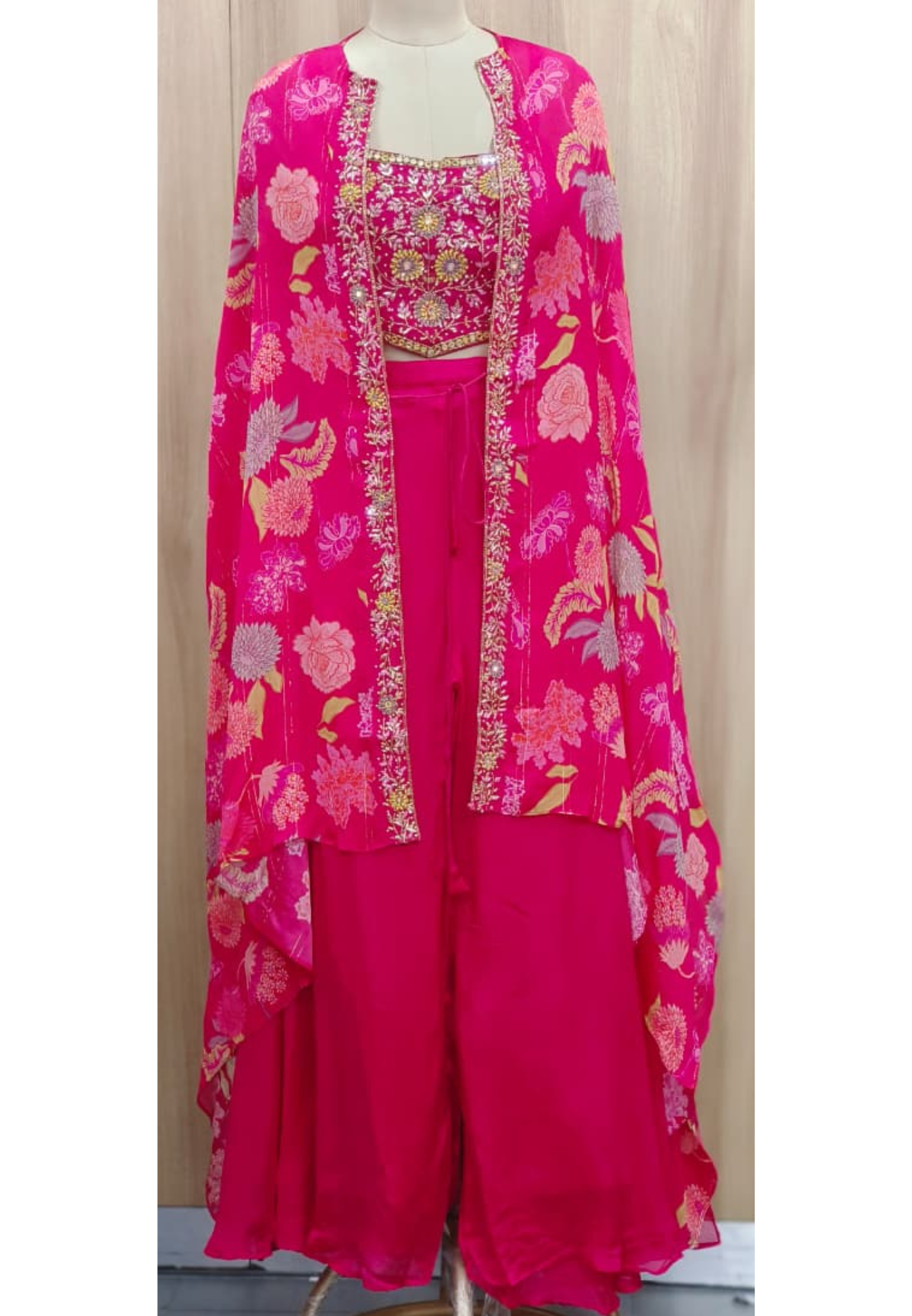 Beautiful Handwork Buster With Loose Palazzo Bottom & Floral Cape In Chinon Lurix Fabric