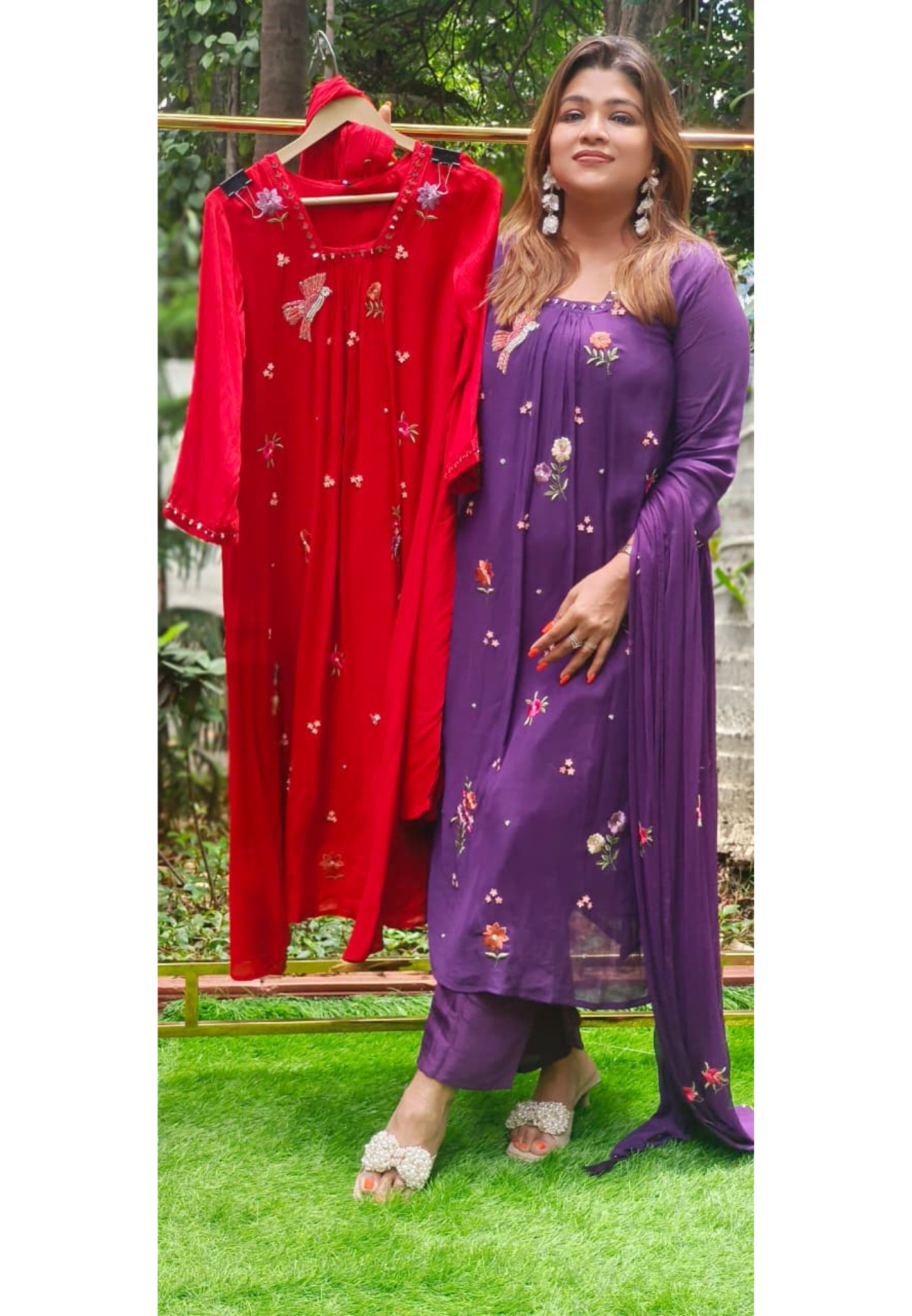 Pearl Bird & Floral Thread Embroidered A-Line Full Suit Set With Dupatta In Crush Mul Chanderi Fabric- 11354