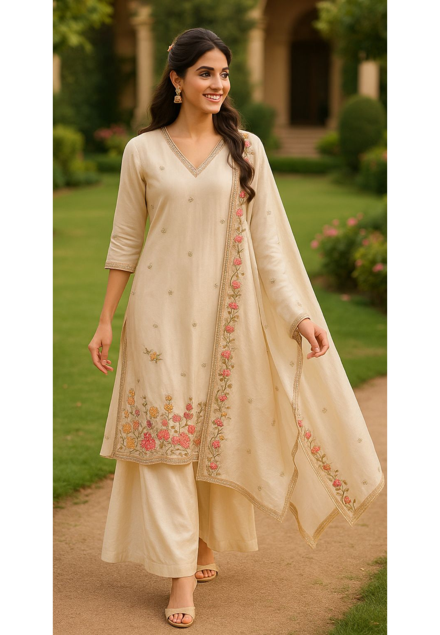 Ivory Blossom Hand-Embroidered Full Suit Set With Dupatta & Loose Palazzo Bottom In Tissue Fabric- 11357