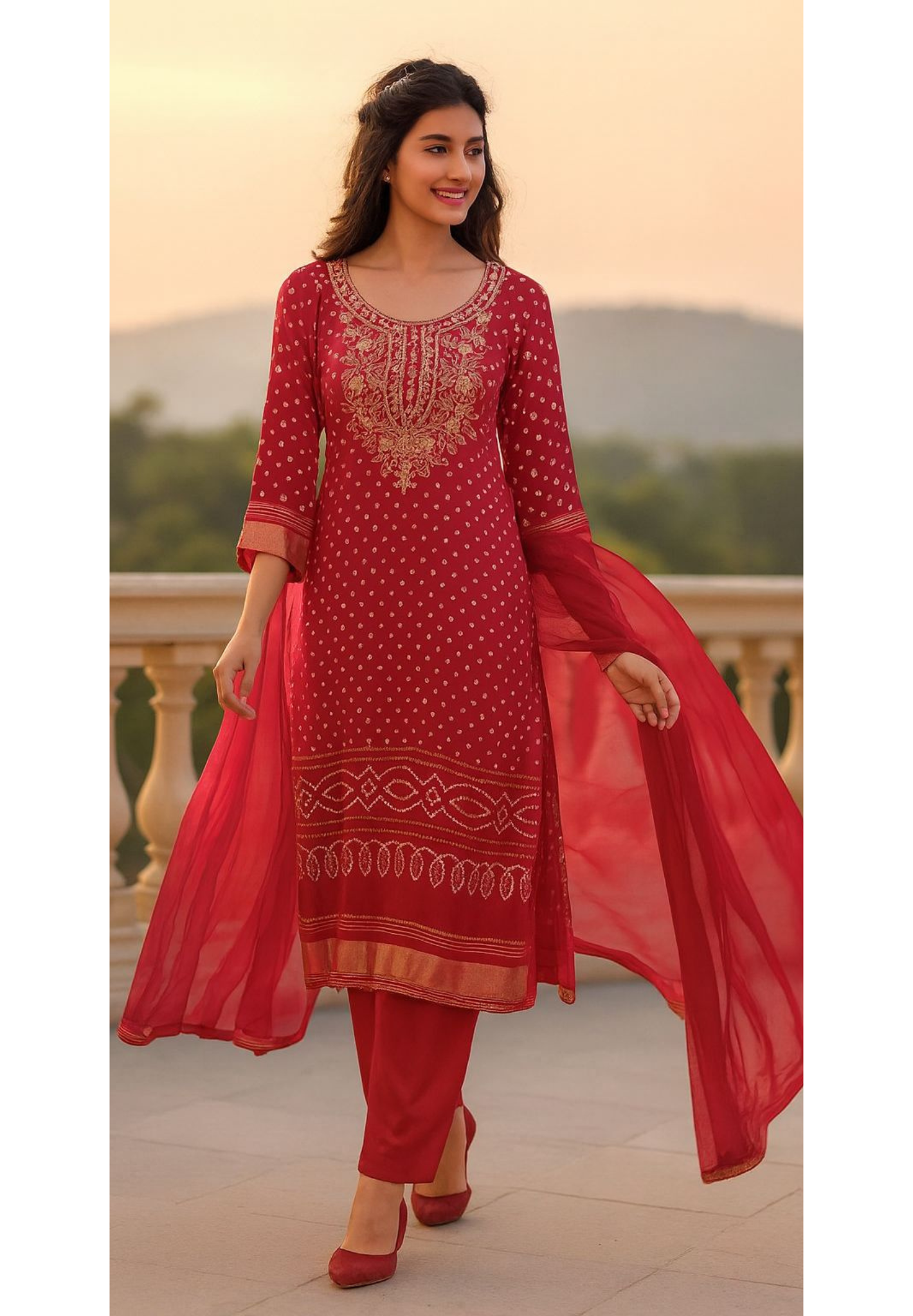 Gotta Front Neck Work Tiny Pearl Bandhani Dotted Full Suit Set With Dupatta- 11236