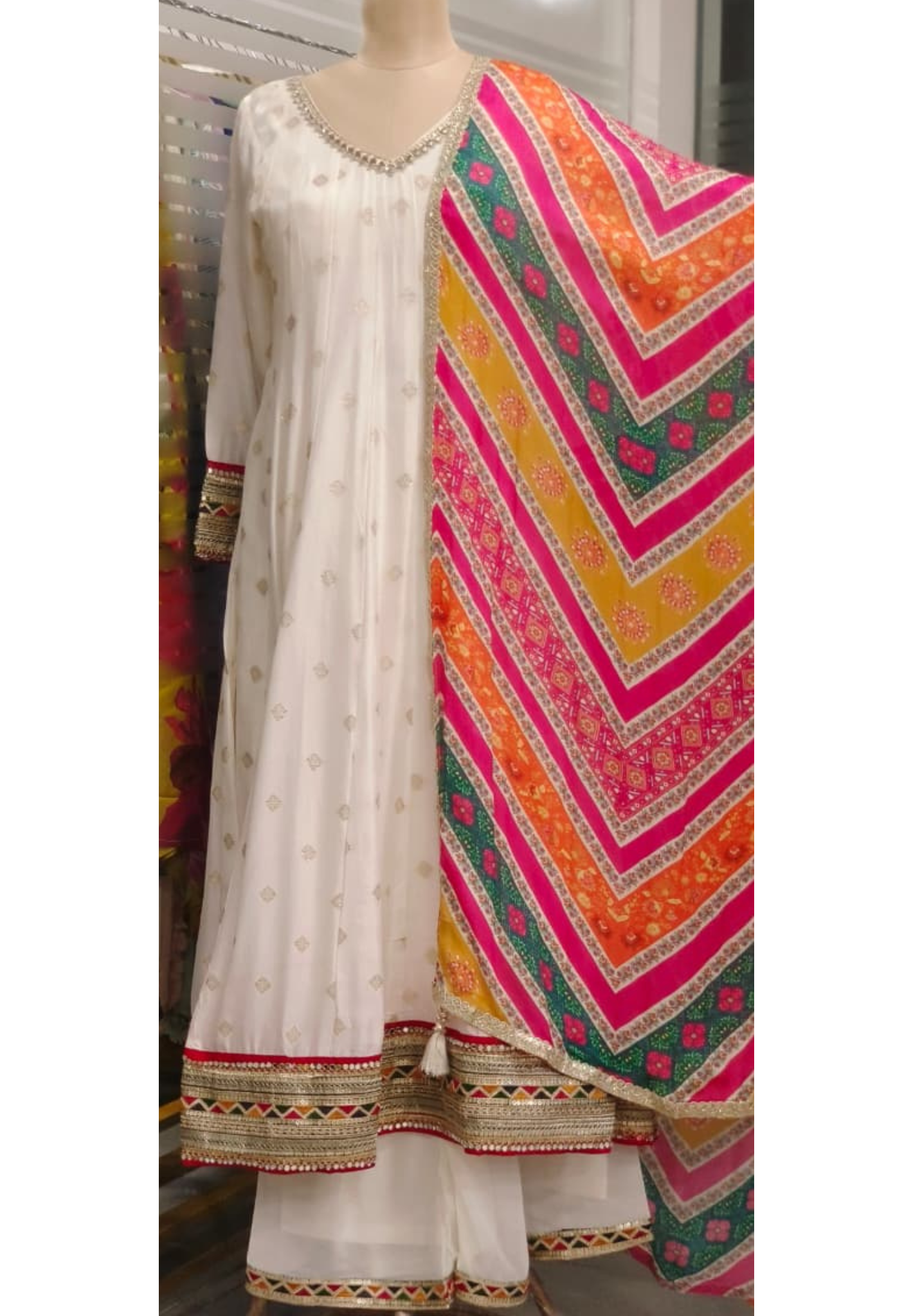 Banarasi Touch Real Mirror Beautiful Multicolor Bordered Detailing V-Neck Panel Anarkali Full Suit Set With Colorful Dupatta In Dola Silk Fabric- 11350
