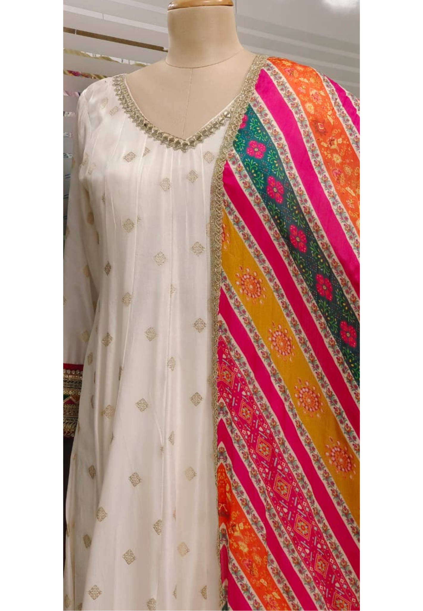 Banarasi Touch Real Mirror Beautiful Multicolor Bordered Detailing V-Neck Panel Anarkali Full Suit Set With Colorful Dupatta In Dola Silk Fabric- 11350