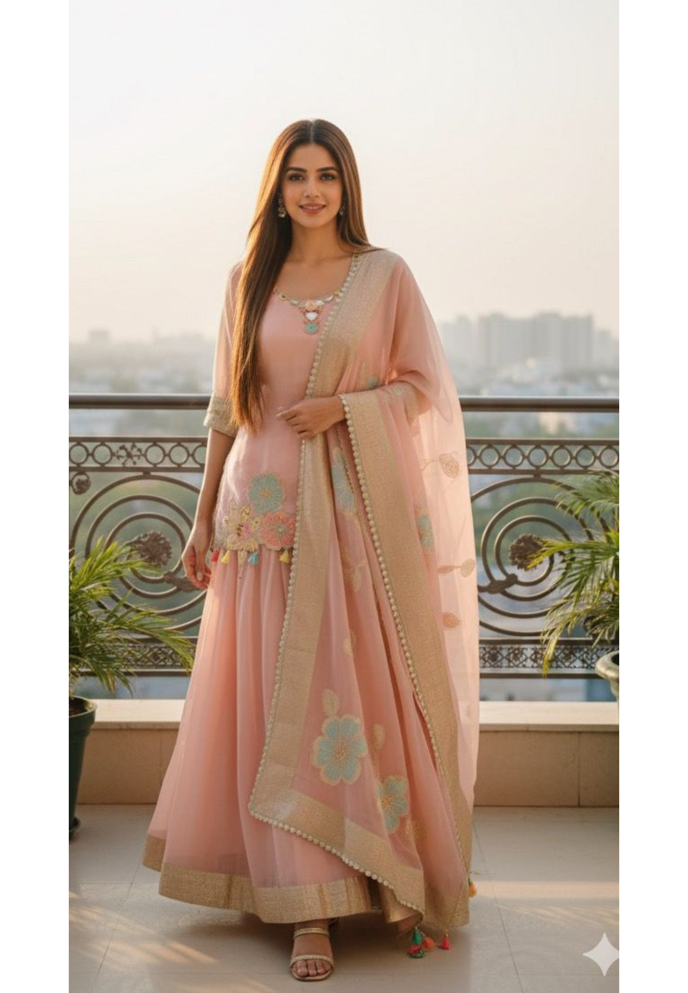 Neck Piece Look Real Mirror Elegance Unique Handwork Floral Cutwork Embroidered Short Kurta With Skirt Bottom(Cane-Cane Inside) & Dupatta In Tissue Fabric- 11543