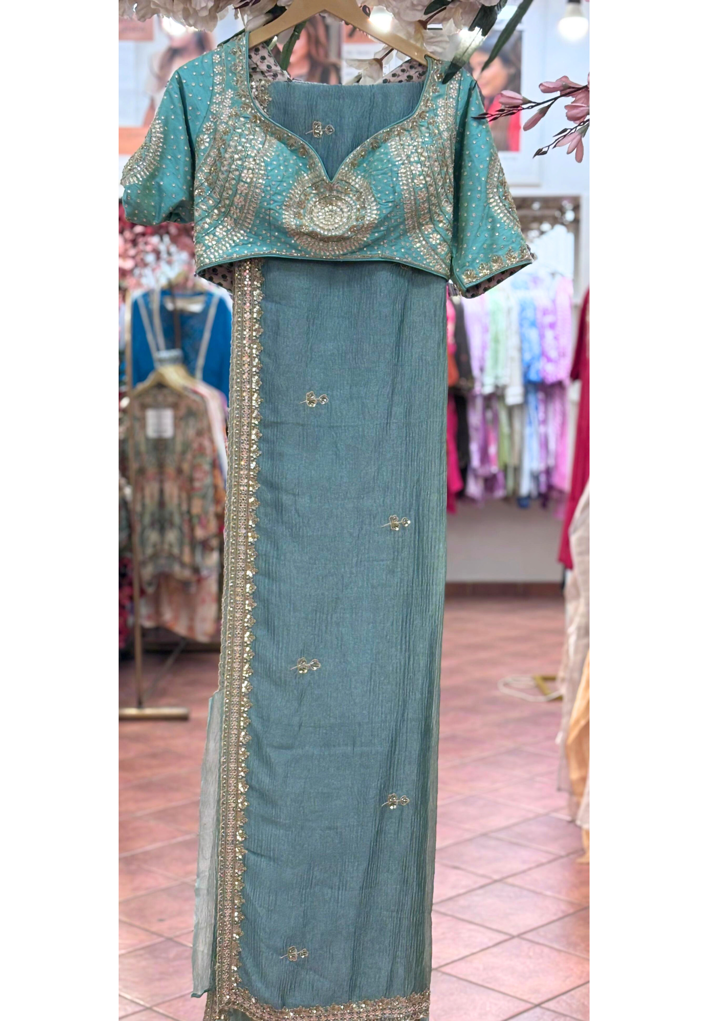 Very Pretty Hand Worked Deep Back Blouse Designer Saree In Crush Tissue Fabric