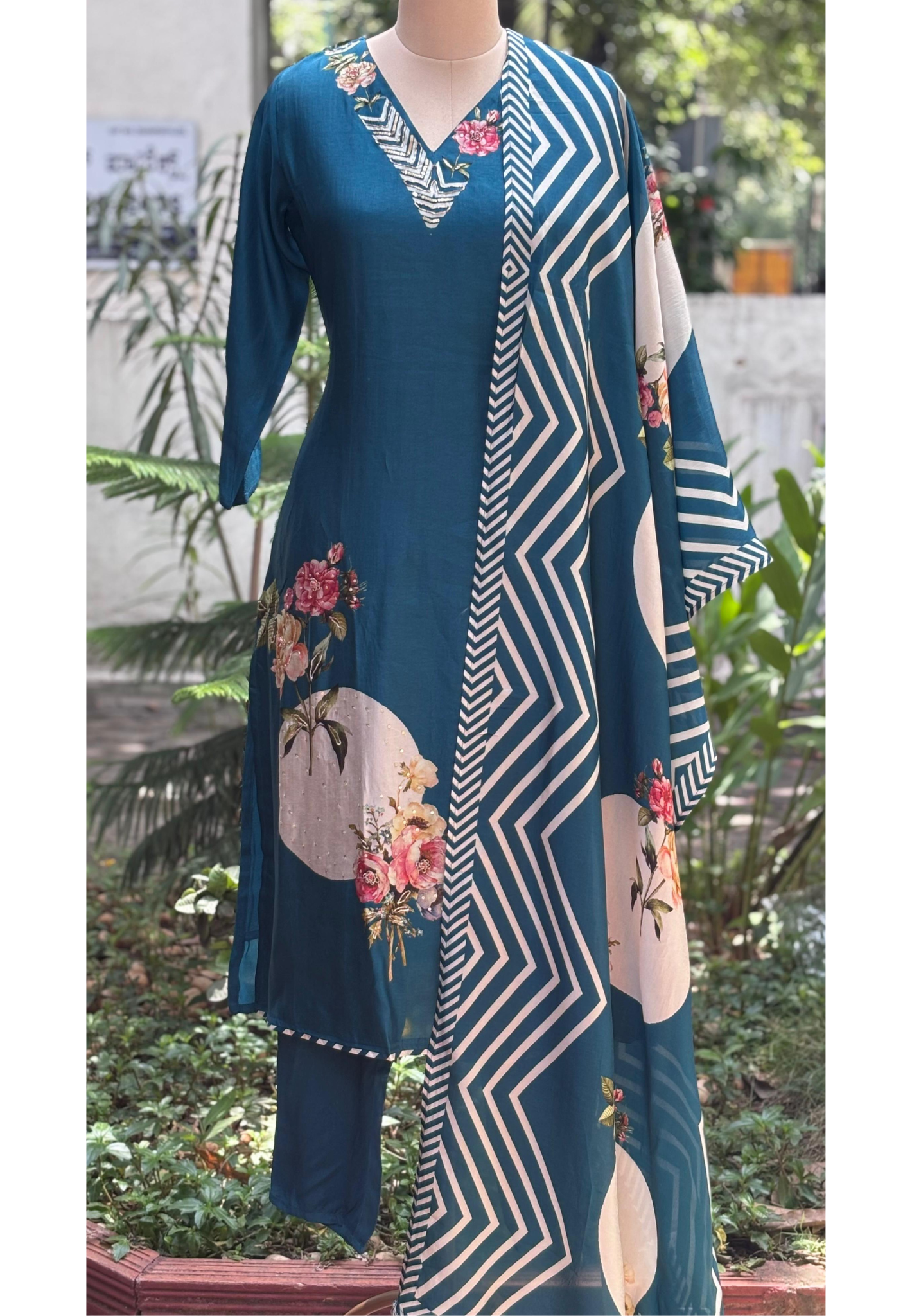 Digital Floral Print V-Necked A-Line Full Suit Set With Dupatta In Russian Silk Fabric- 11572