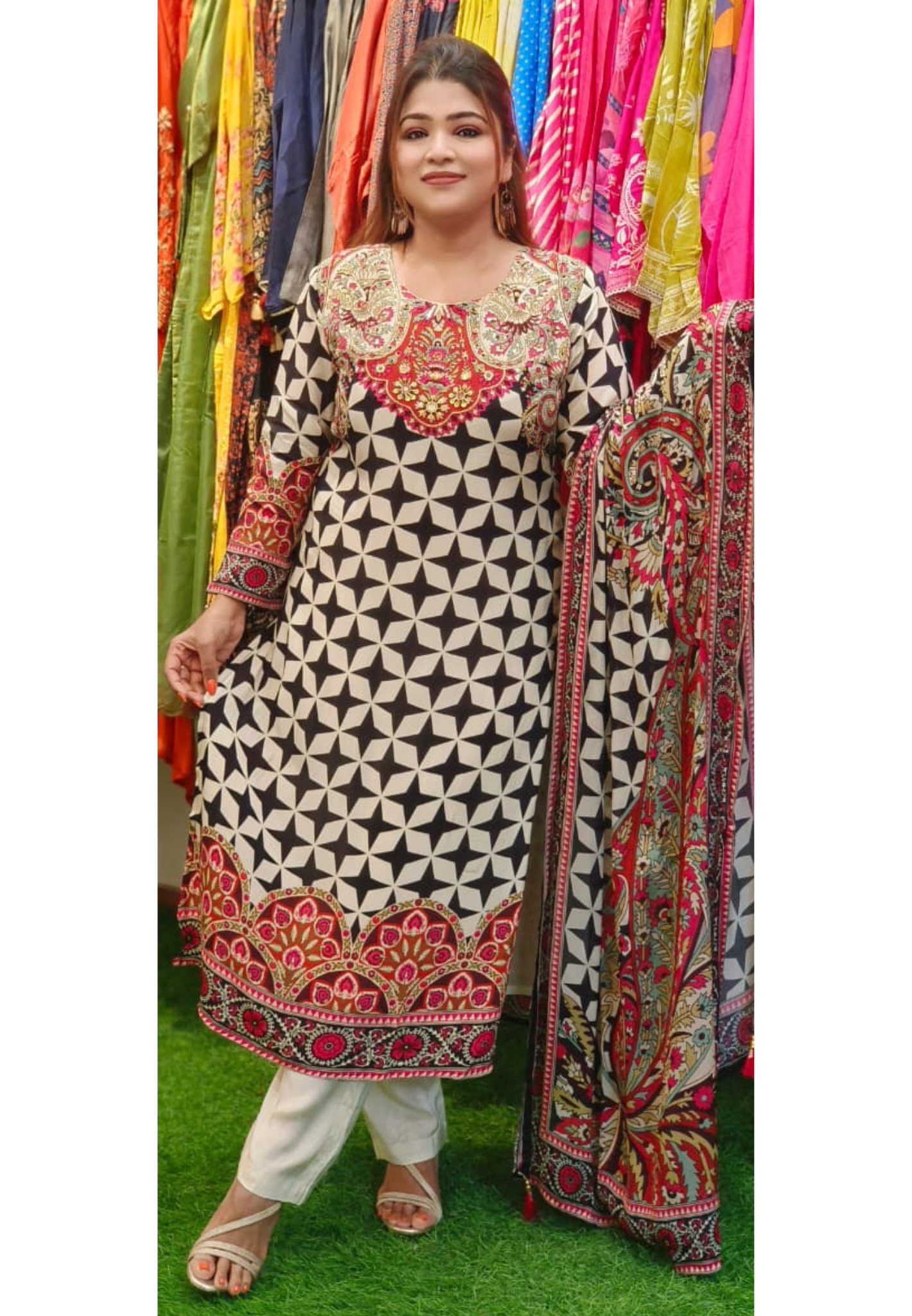 Very Unique Multicolor Work Abstract Print Full Suit Set With Dupatta In Crepe Fabric