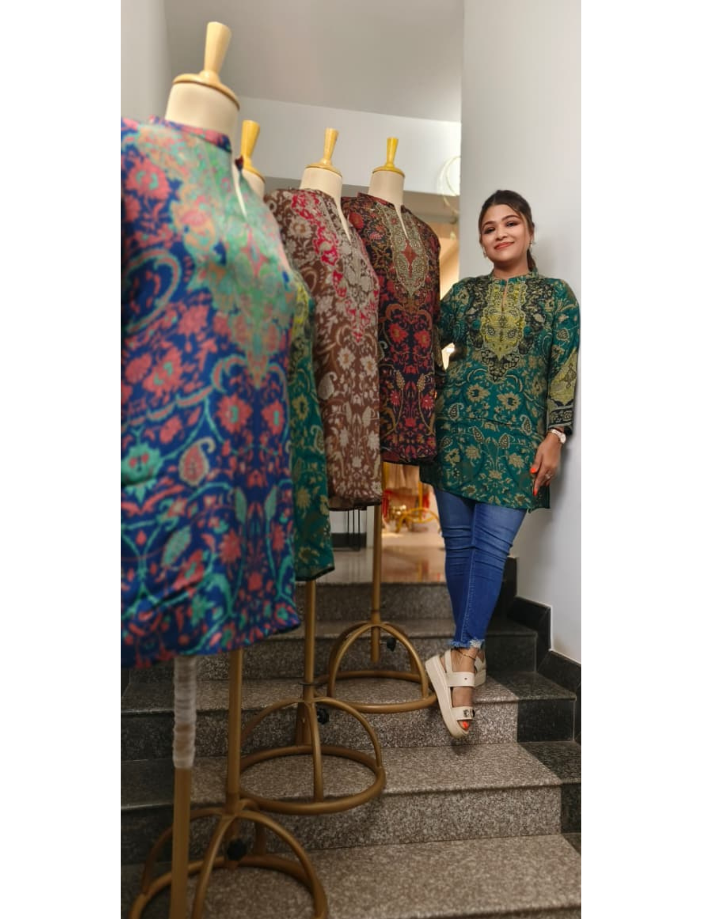 Vintage Patterned Multicolor Short Kurti Only In Crepe Fabric