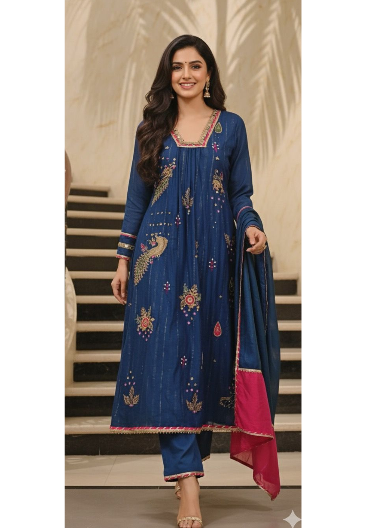 Beautiful Real Mirror V-Neck Embroidered Full Suit Set With Dupatta In Mul Chanderi Fabric- 10795, 10796