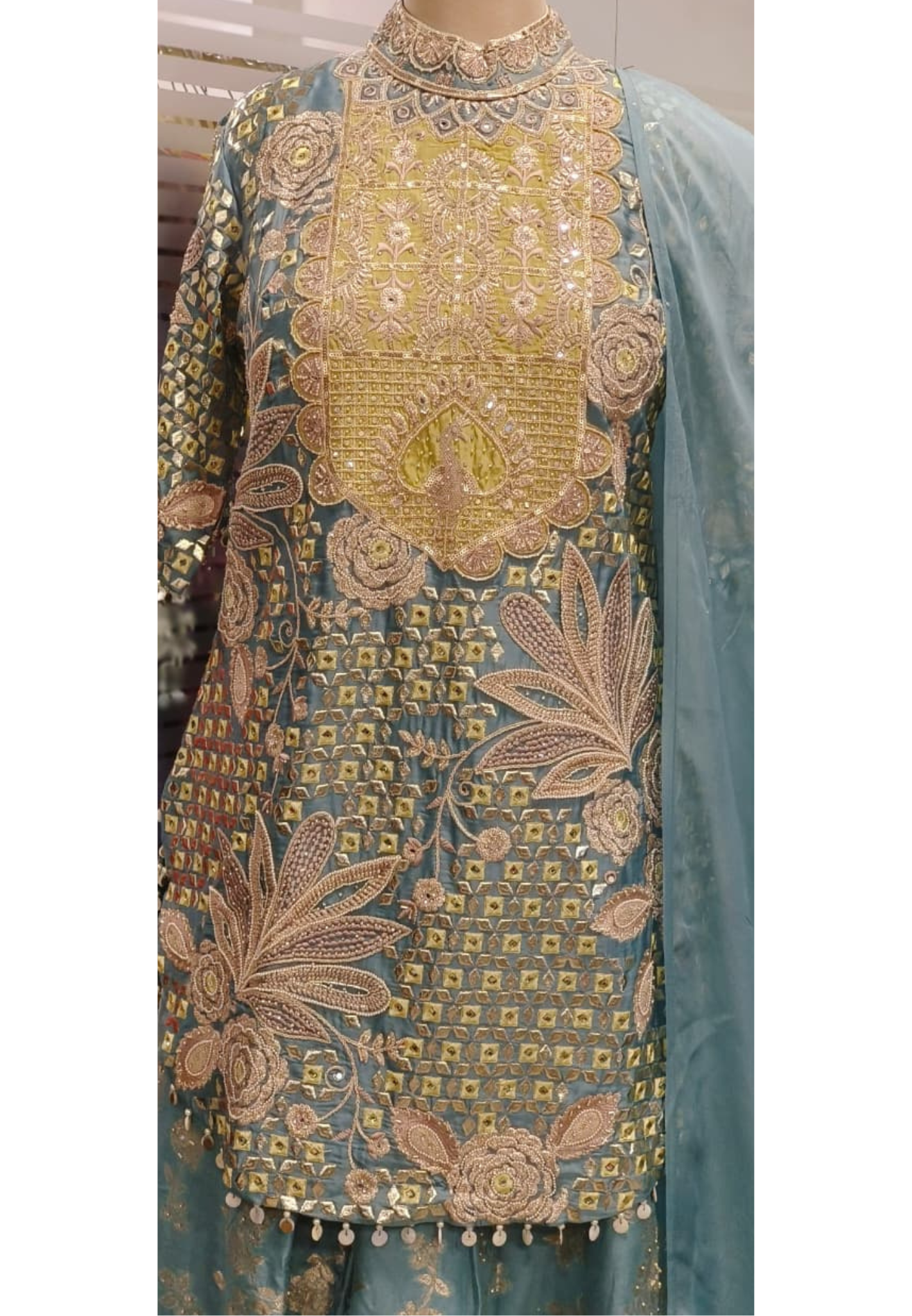 Pastel Combination Heavy Embroidered Work Tasseled Short Kurta With Brocade Panel Palazzo Bottom & Dupatta- 11744