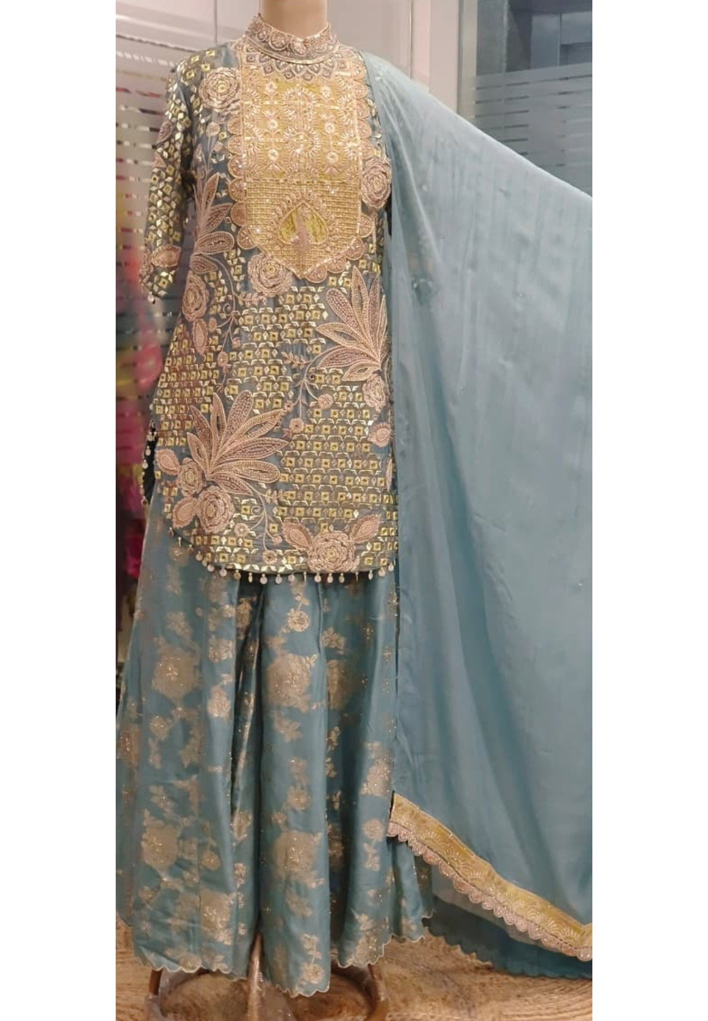 Pastel Combination Heavy Embroidered Work Tasseled Short Kurta With Brocade Panel Palazzo Bottom & Dupatta- 11744