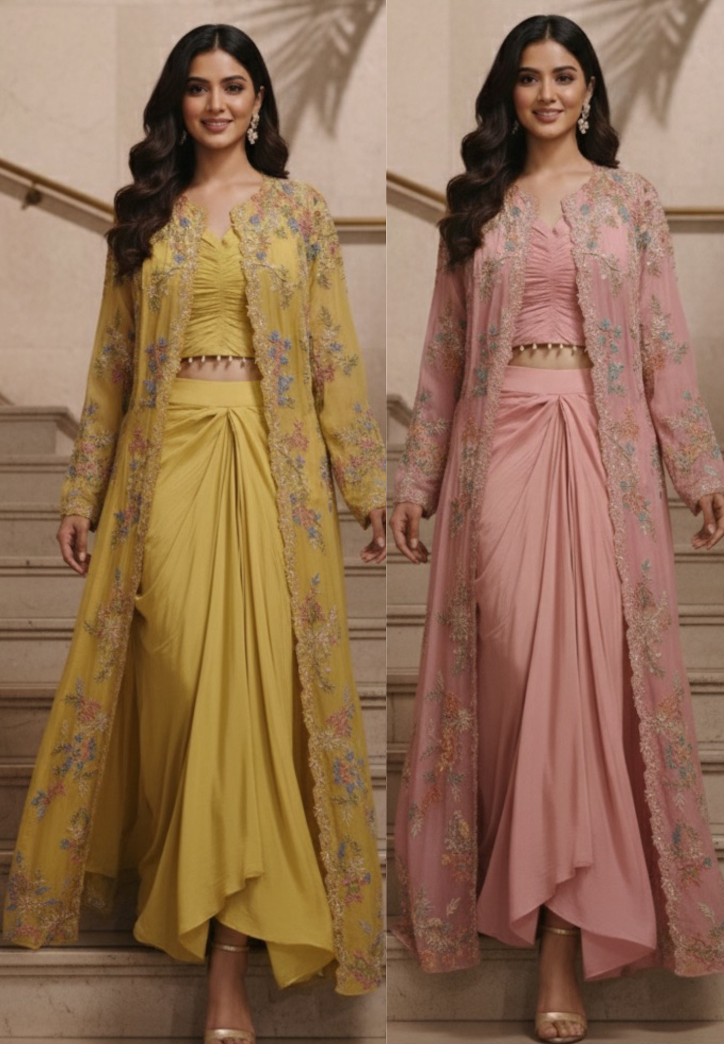 Elegant Floral Thread Embroidered Transparent Cape With Stylish Buster & Drape Skirt- 11735