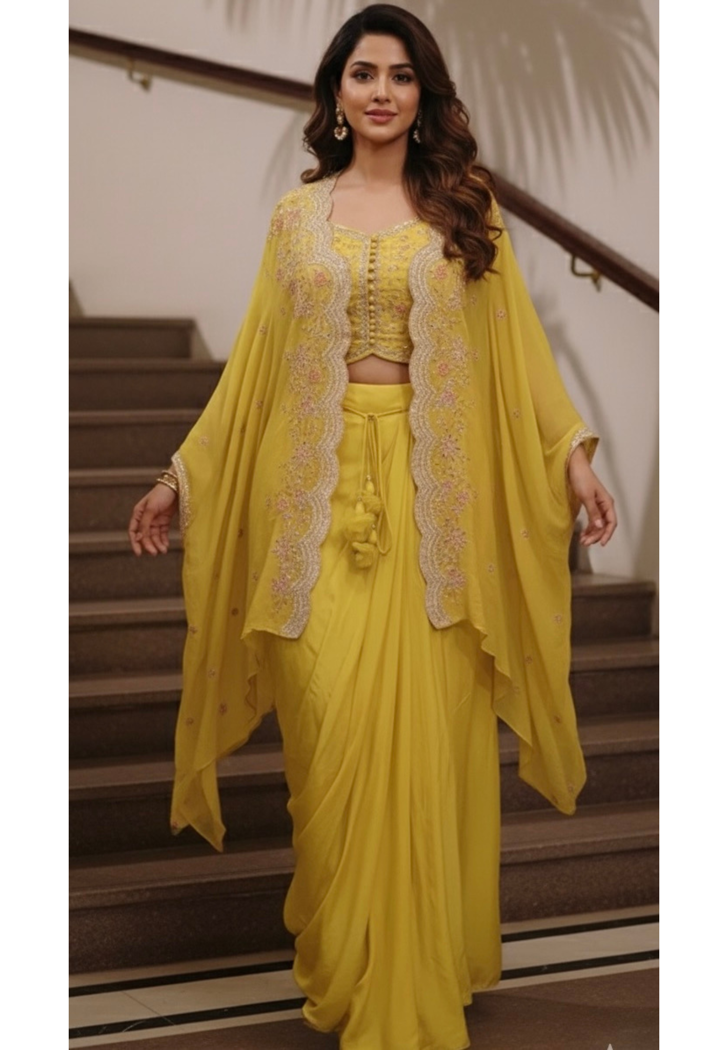 Heavy Handwork Beautiful Cut Work Bordered Shrug With Padded Crop Top & Drape Skirt- 11743